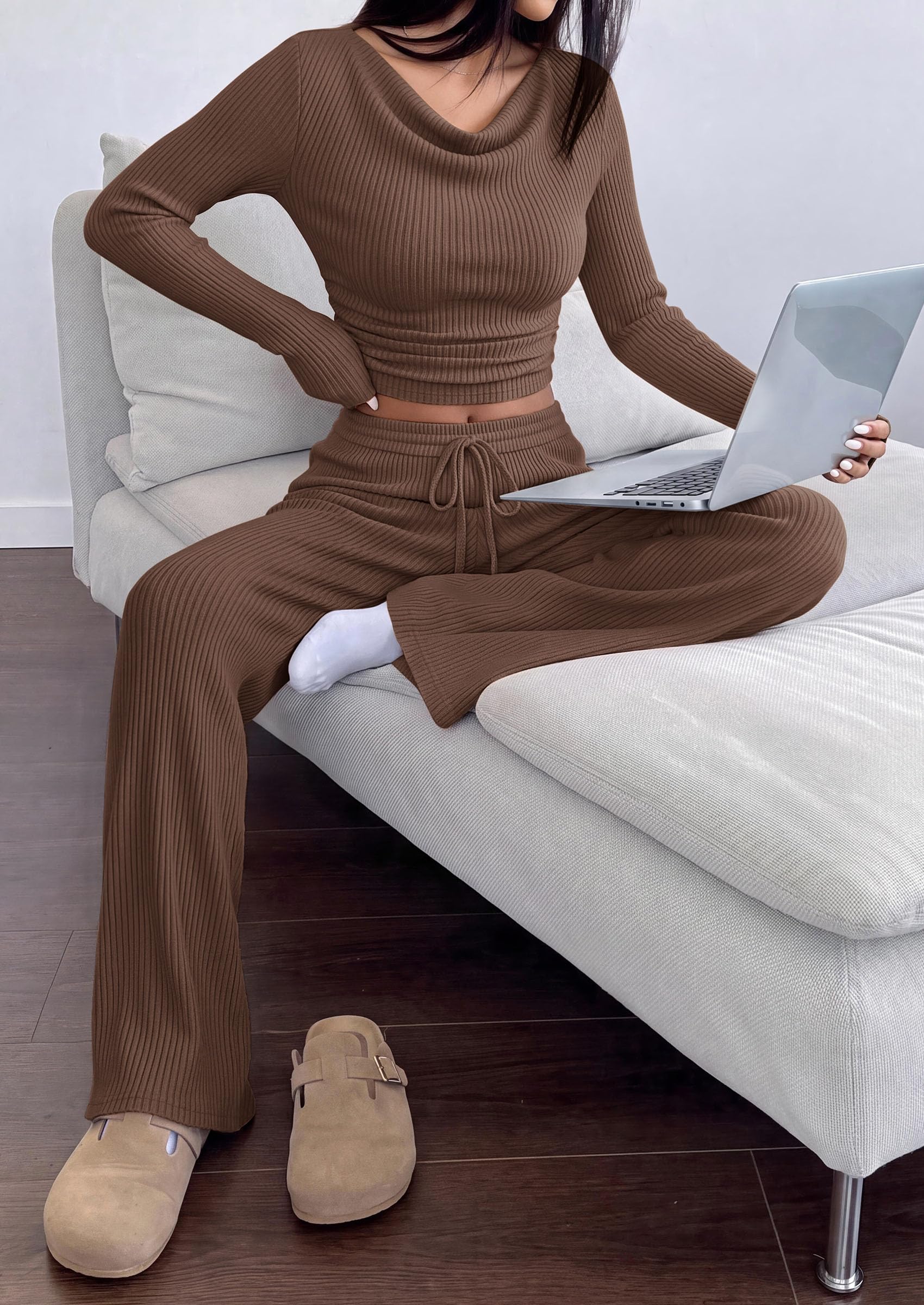 Matching Sets Women Clothing Fall Ribbed 2 Piece Lounge Set