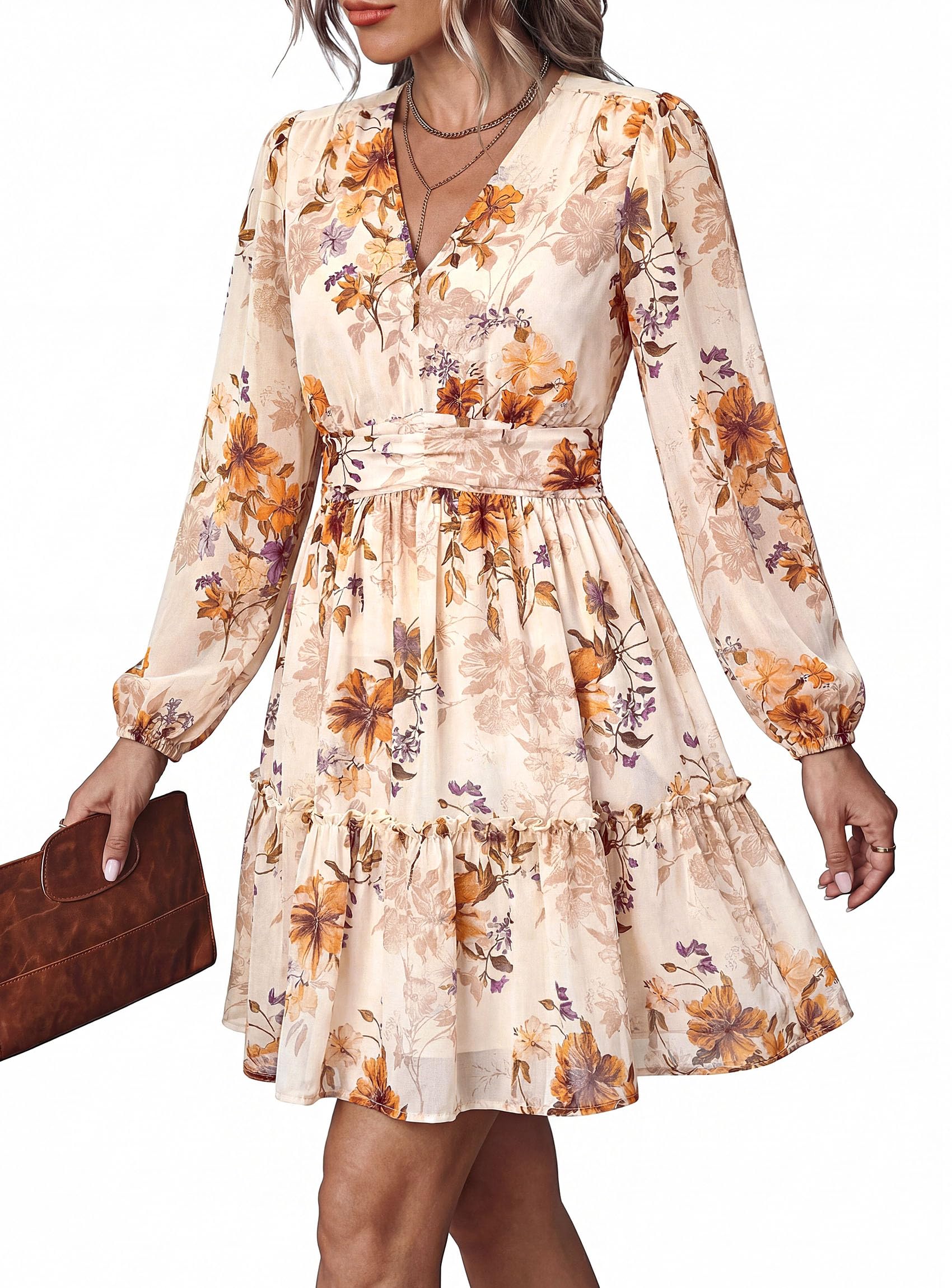 Women Floral Long Sleeve Mini Dress Fall Wedding Guest Dresses
