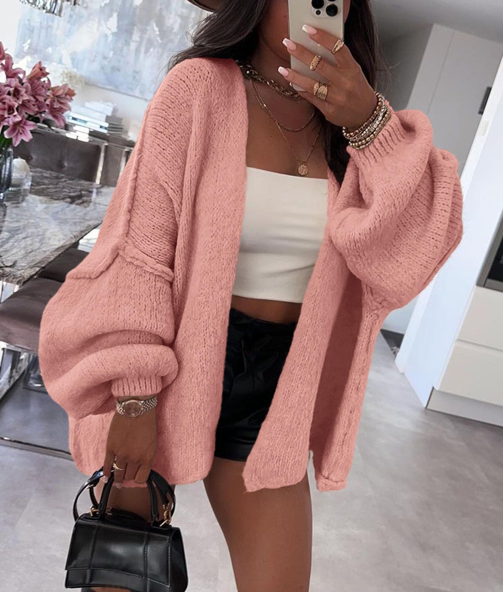 Womens Open Front Oversized Cardigan Sweaters,Light Pink,XS