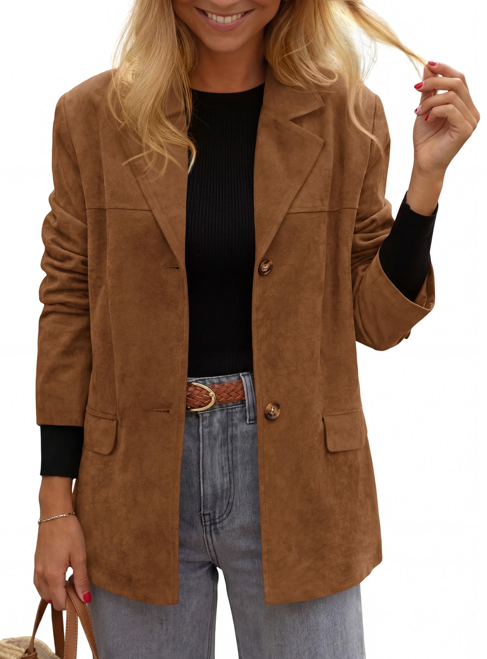 Blazers for Women Western Fall Faux Suede Jacket Light Brown