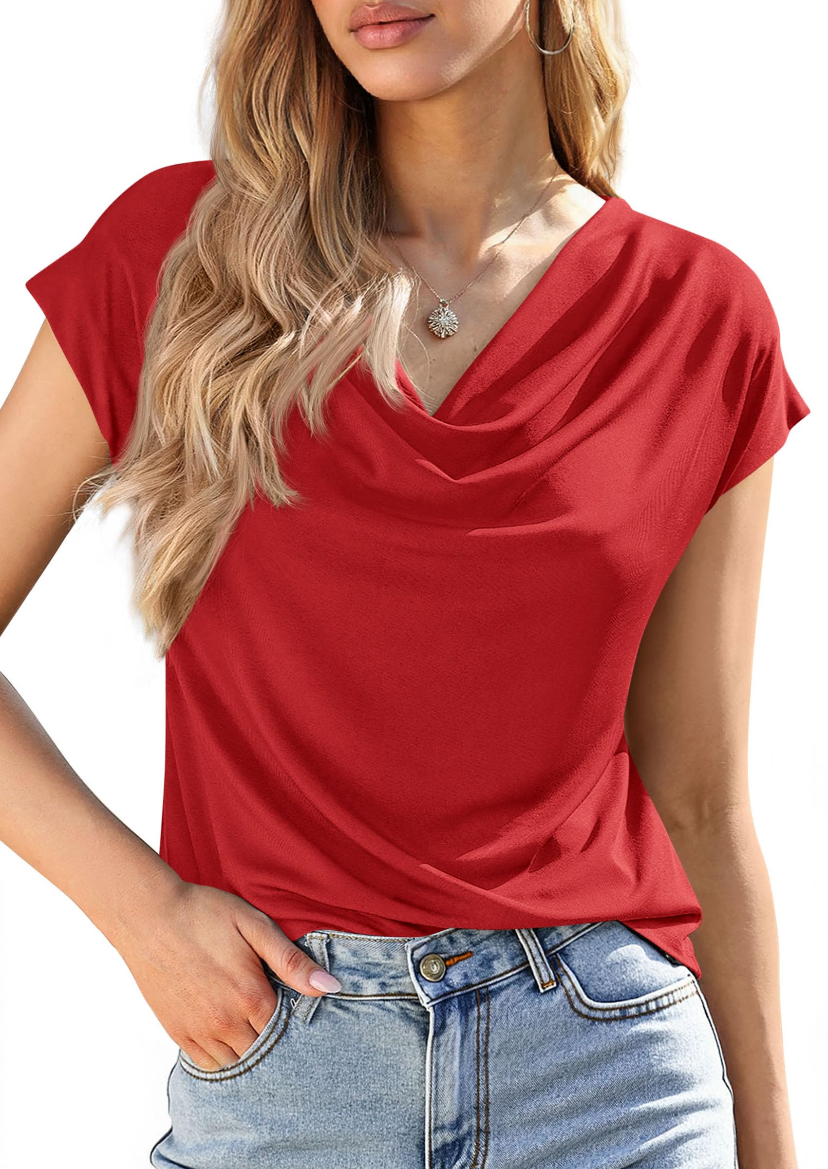 Womens Tops Dressy Business Casual Work Blouses, Red,XS