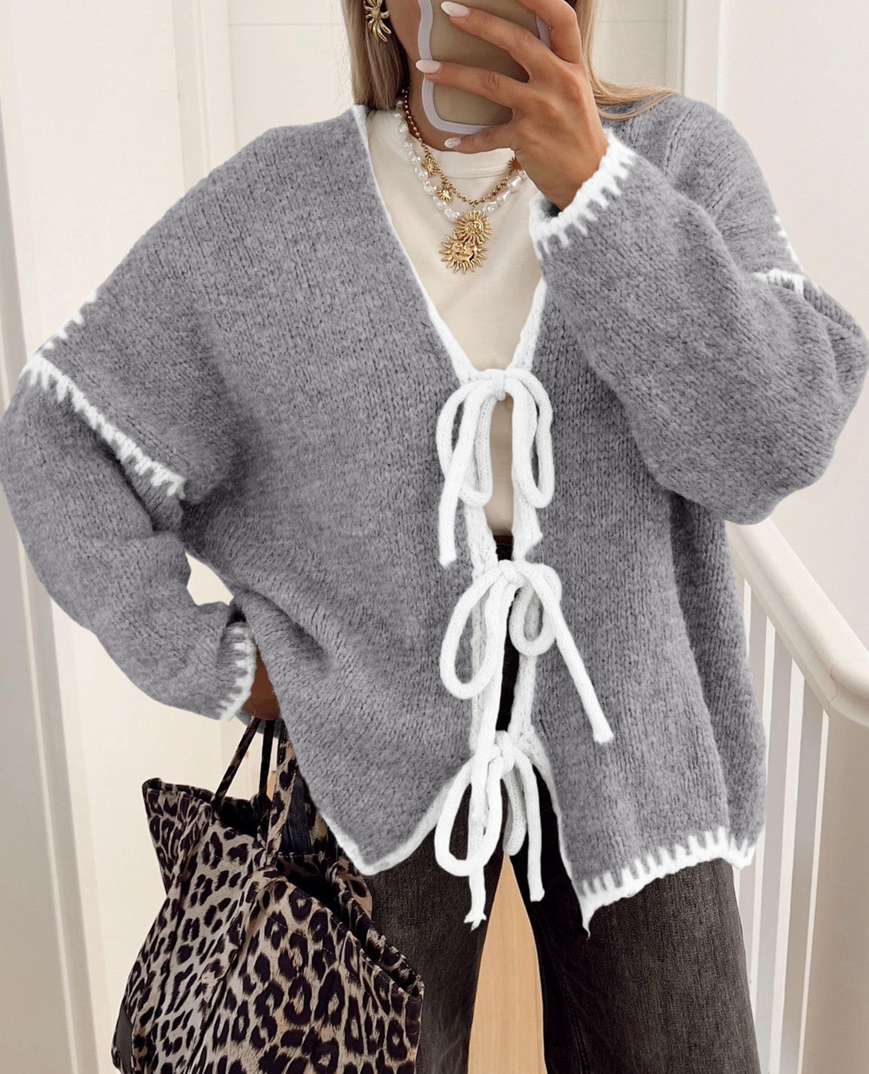 Women's Tie Front Bow Cardigan Sweaters(Grey White,Small)