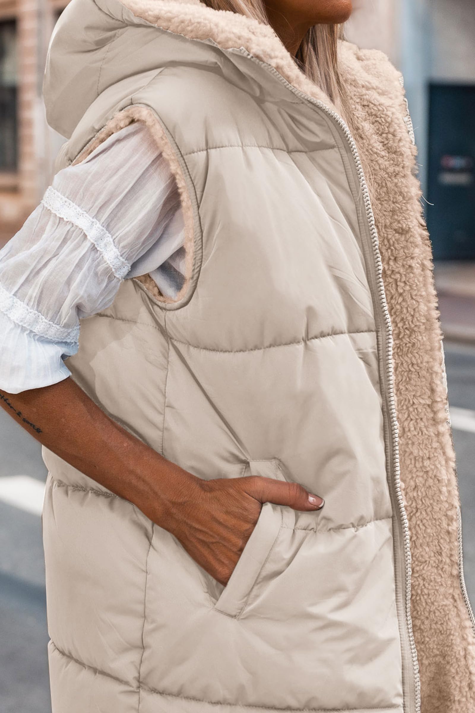 Women's Winter Reversible Fleece Long Vests(Light Khaki,S)