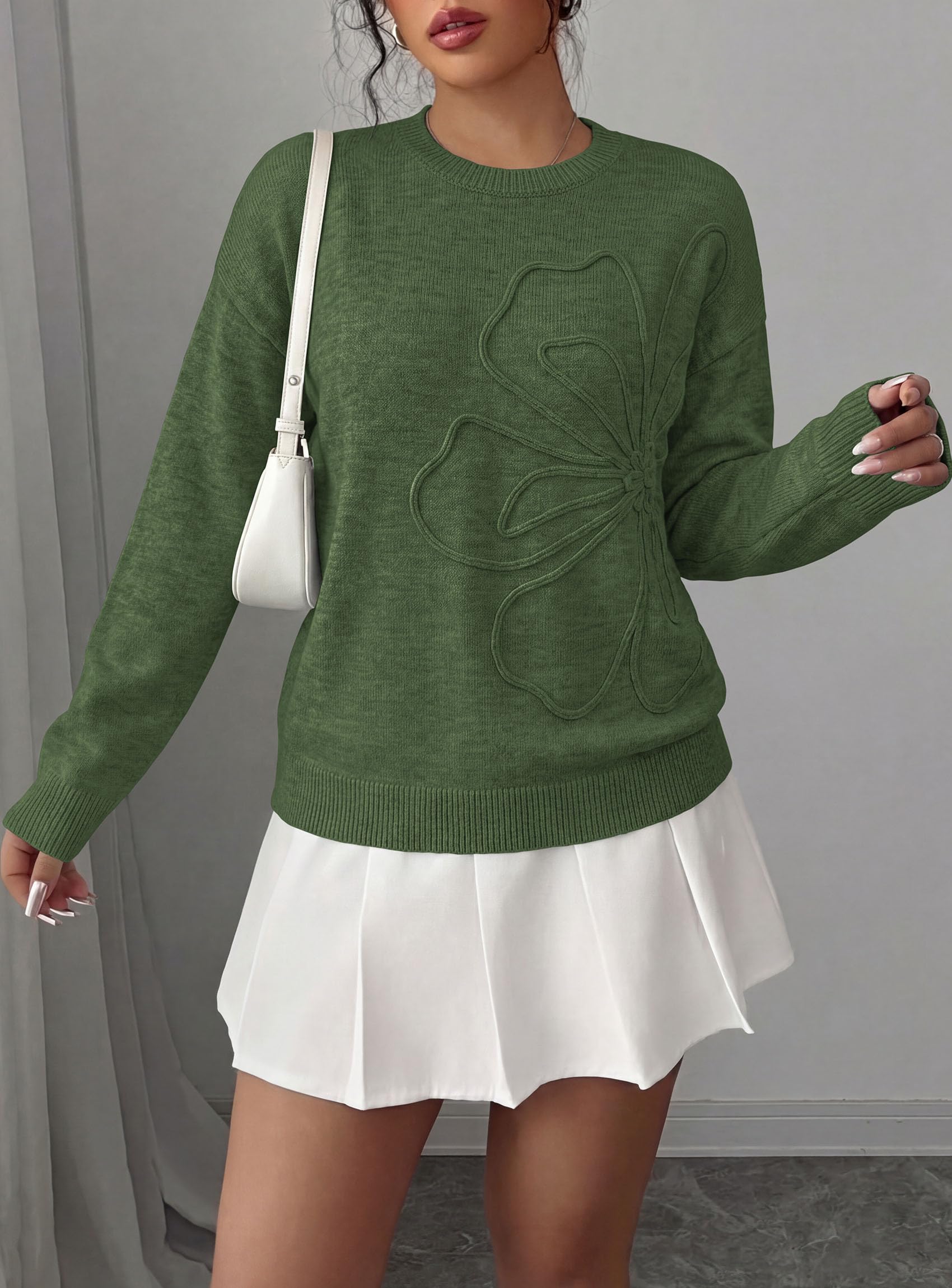 Sweaters for Women Fall Fashion Embroidered Floral Knit Tops