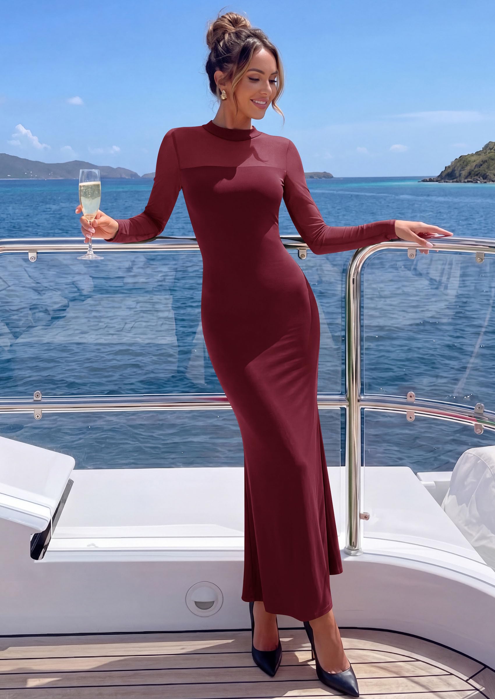 Women's Long Sleeve Formal Mesh Fall Wedding Guest Maxi Dress