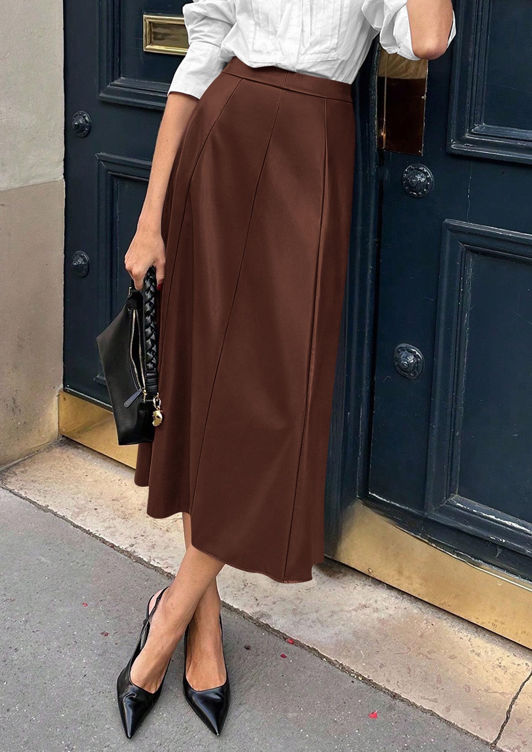 Womens Faux Leather High Waisted Midi Skirt,Coffee,S