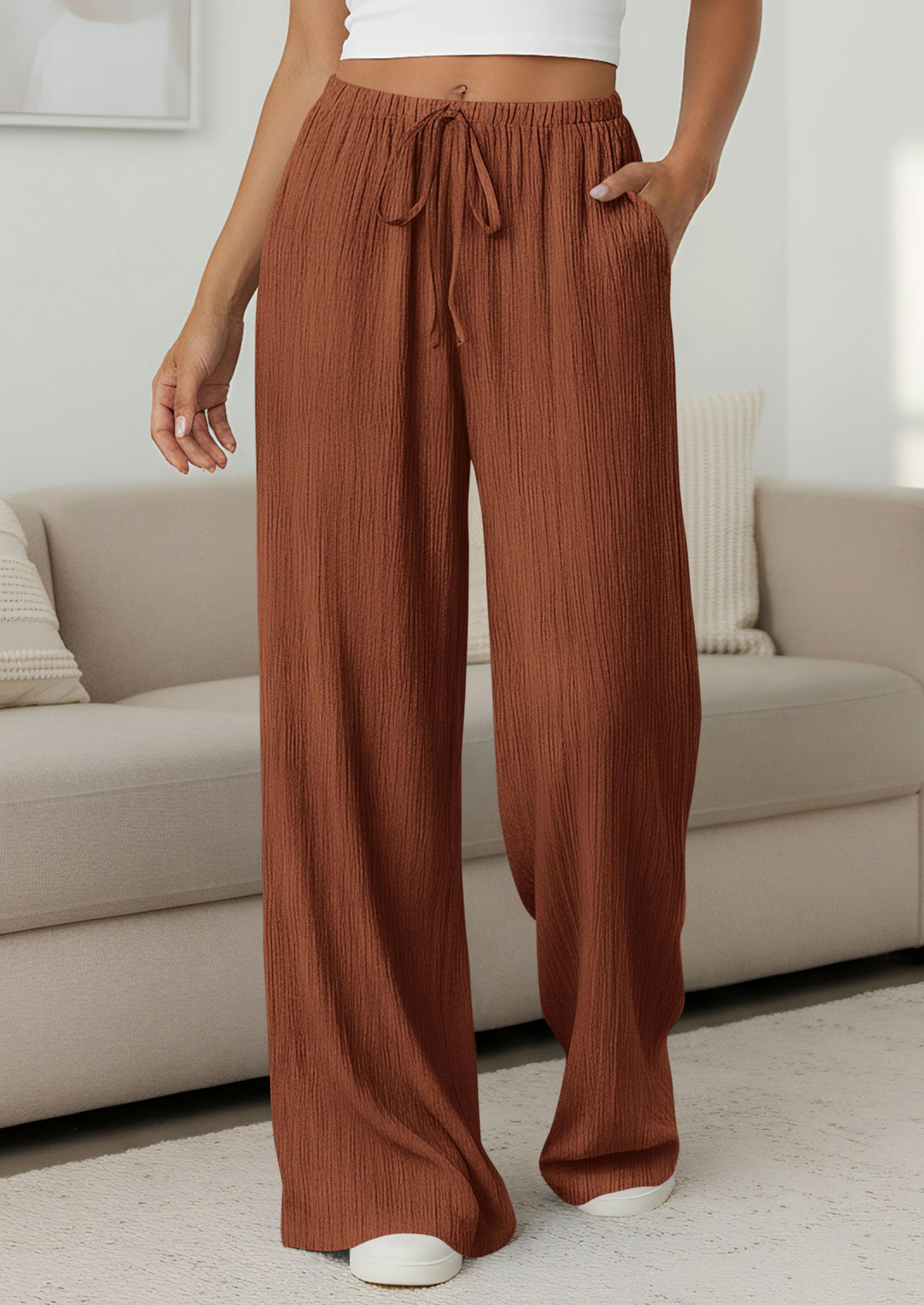 Women's Palazzo Pants Casual Wide Leg Trousers,Brick Red,S