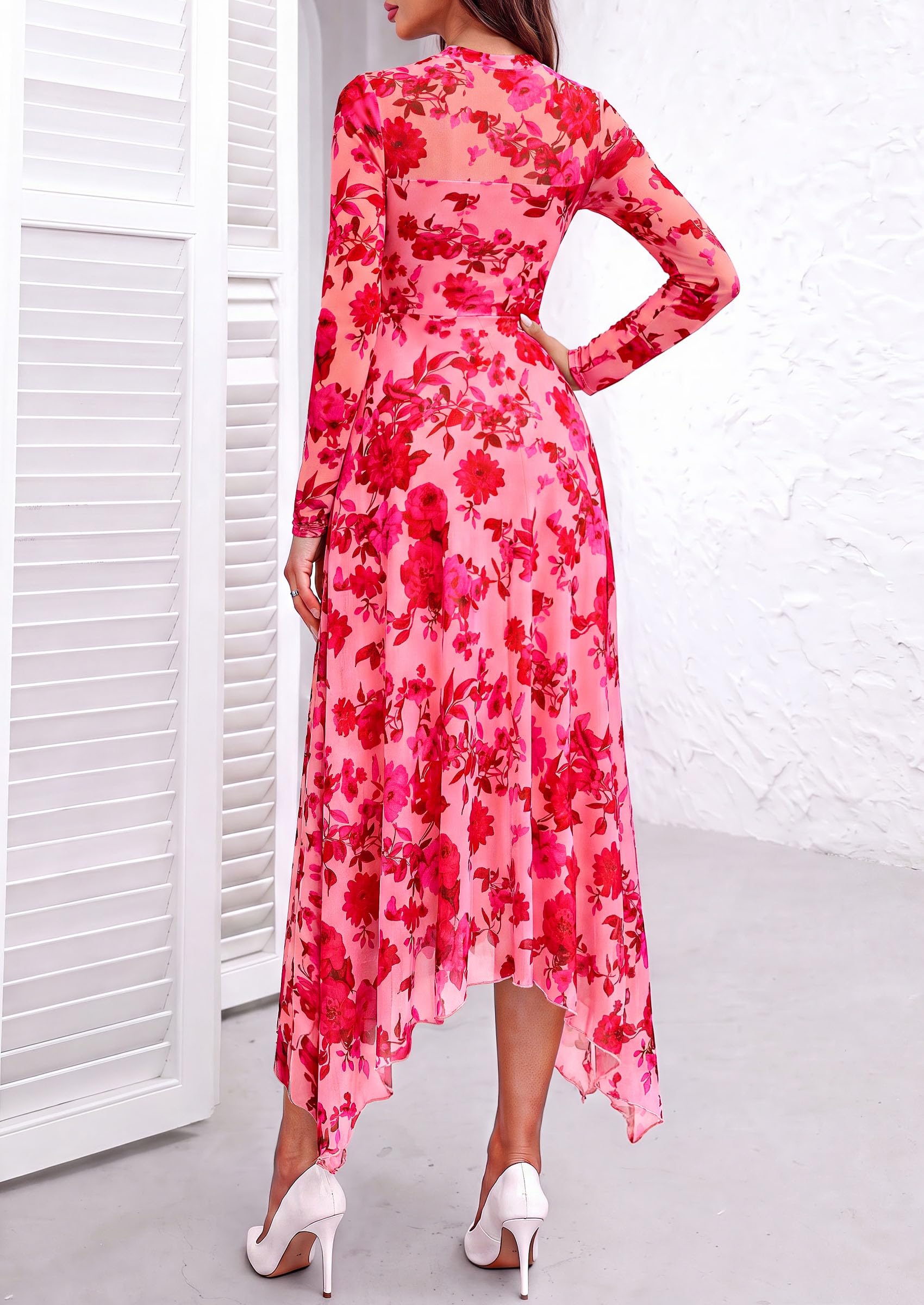 Women's Floral Mesh Midi Dress,Floral Pink Red,S