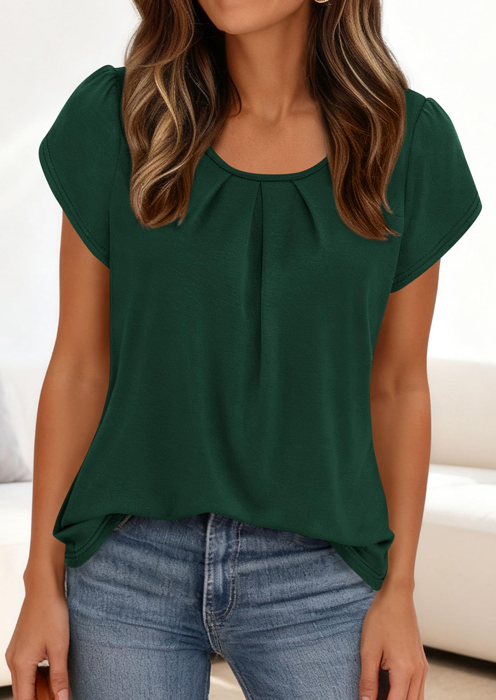 Women's Summer Short Sleeve Tops Casual Blouses,Dark Green,S
