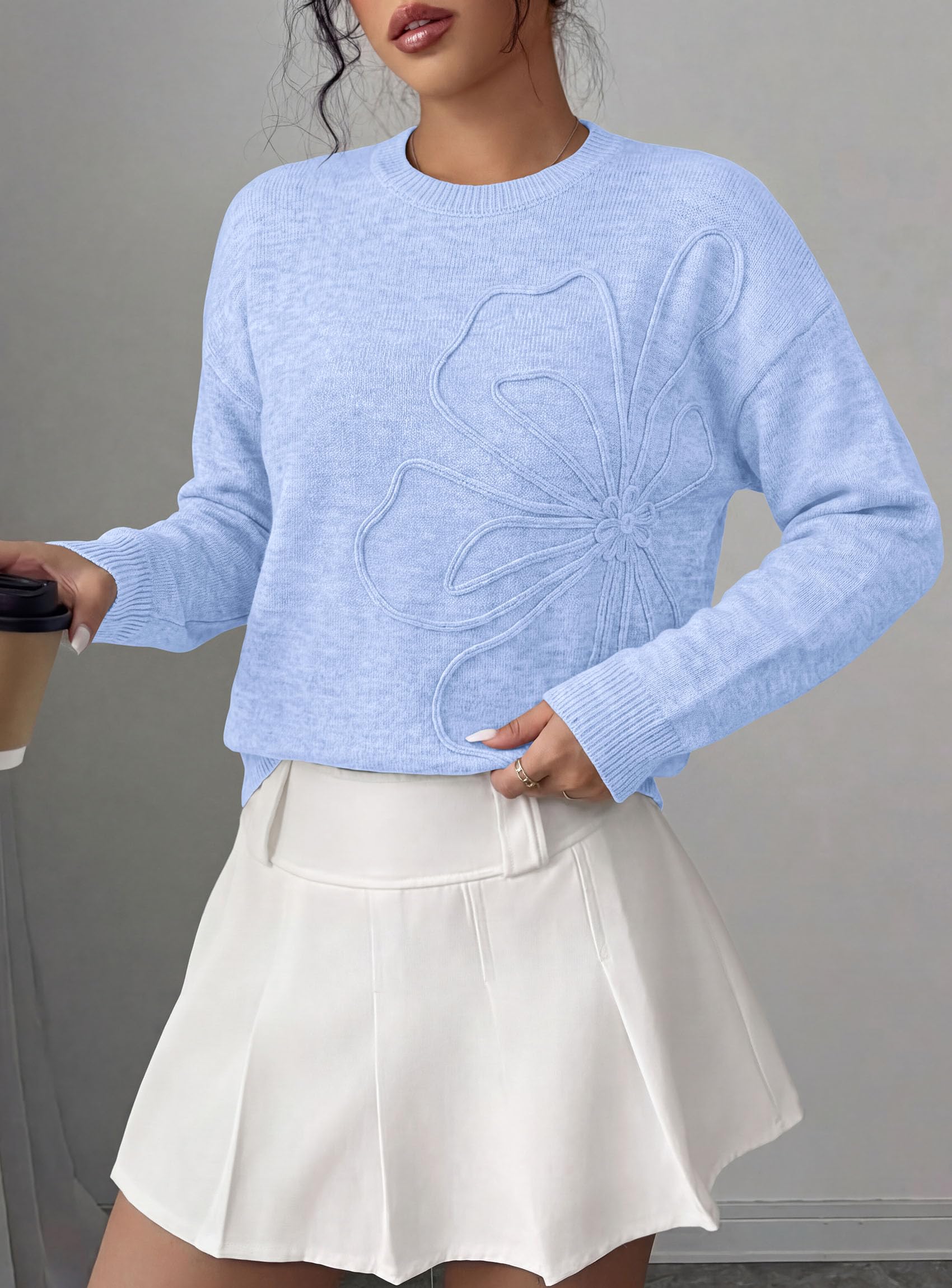 Sweaters for Women Fall Fashion Embroidered Floral Knit Tops