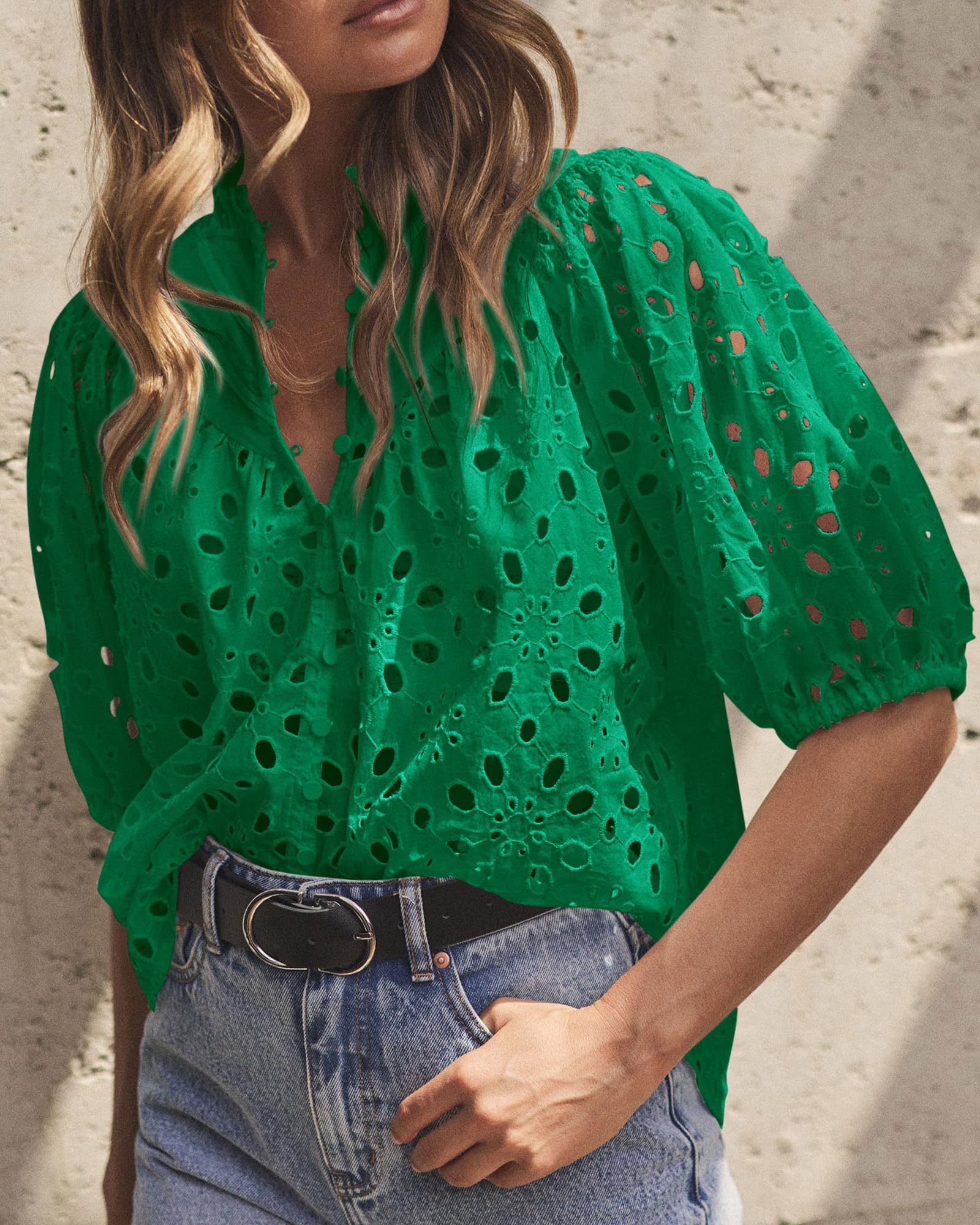 Womens Tops Boho Eyelet Puff Sleeve Blouse, Dark Green,S
