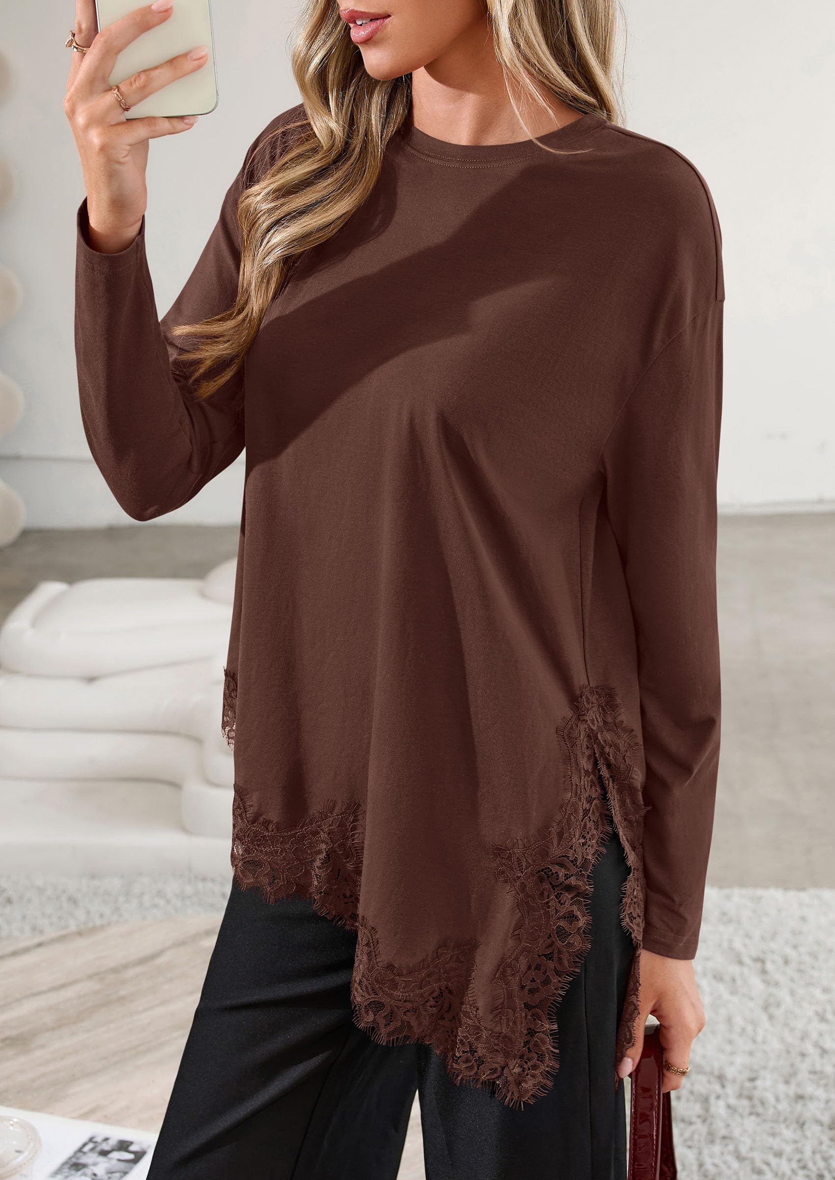 Women's Long Sleeve Asymmetrical Lace Tops Oversized Tshirts