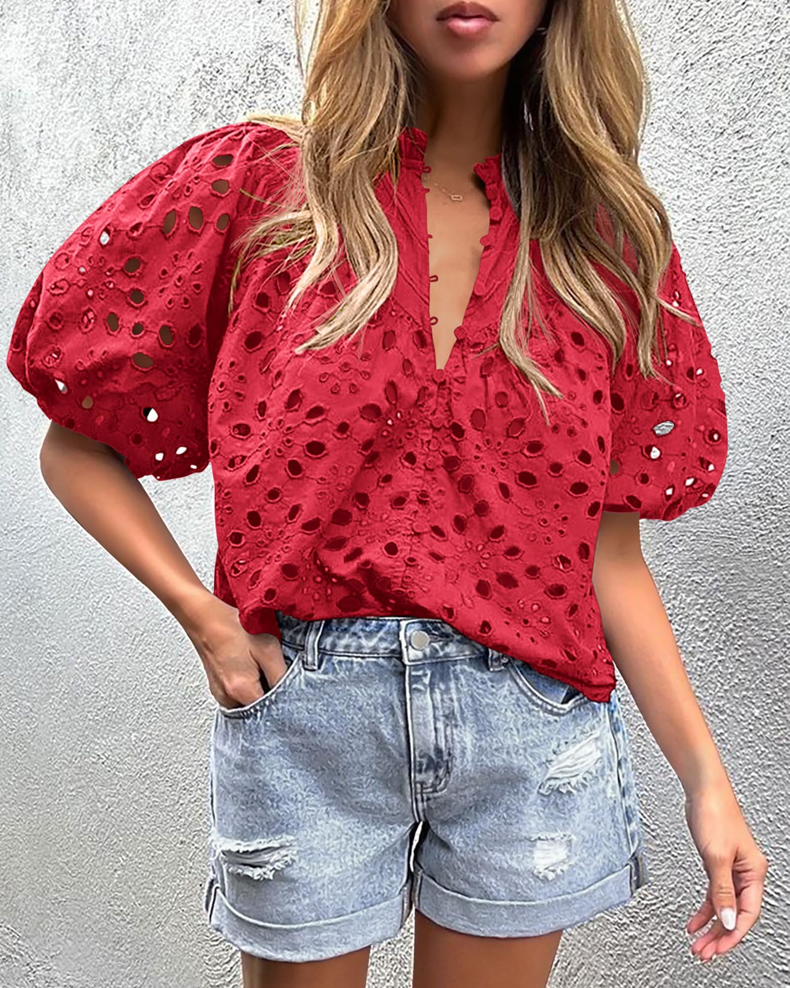 Womens Tops Boho Eyelet Puff Sleeve Blouse, Red,S