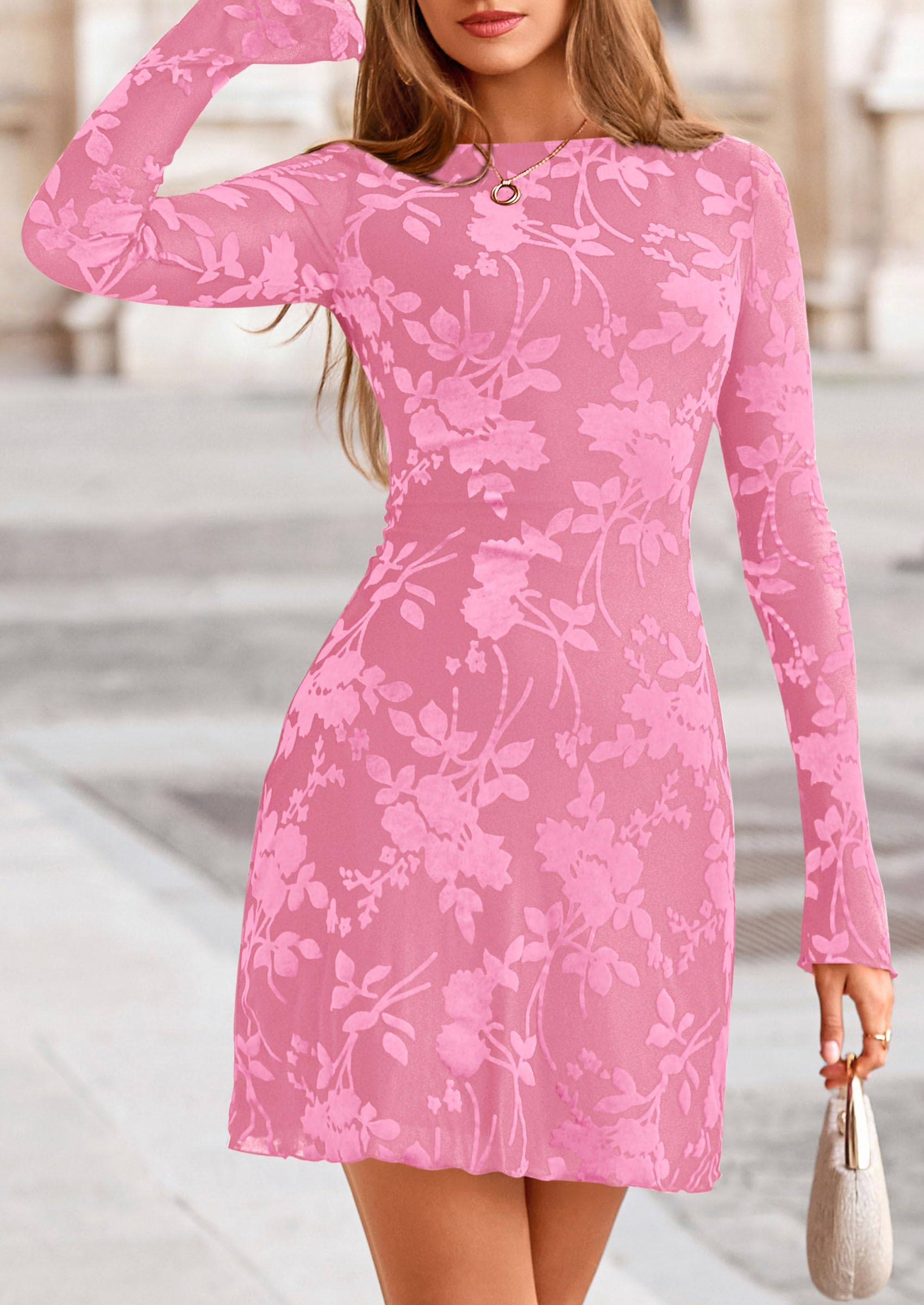 Women's Fall Floral Long Sleeve Mini Dress (Pink,XS)
