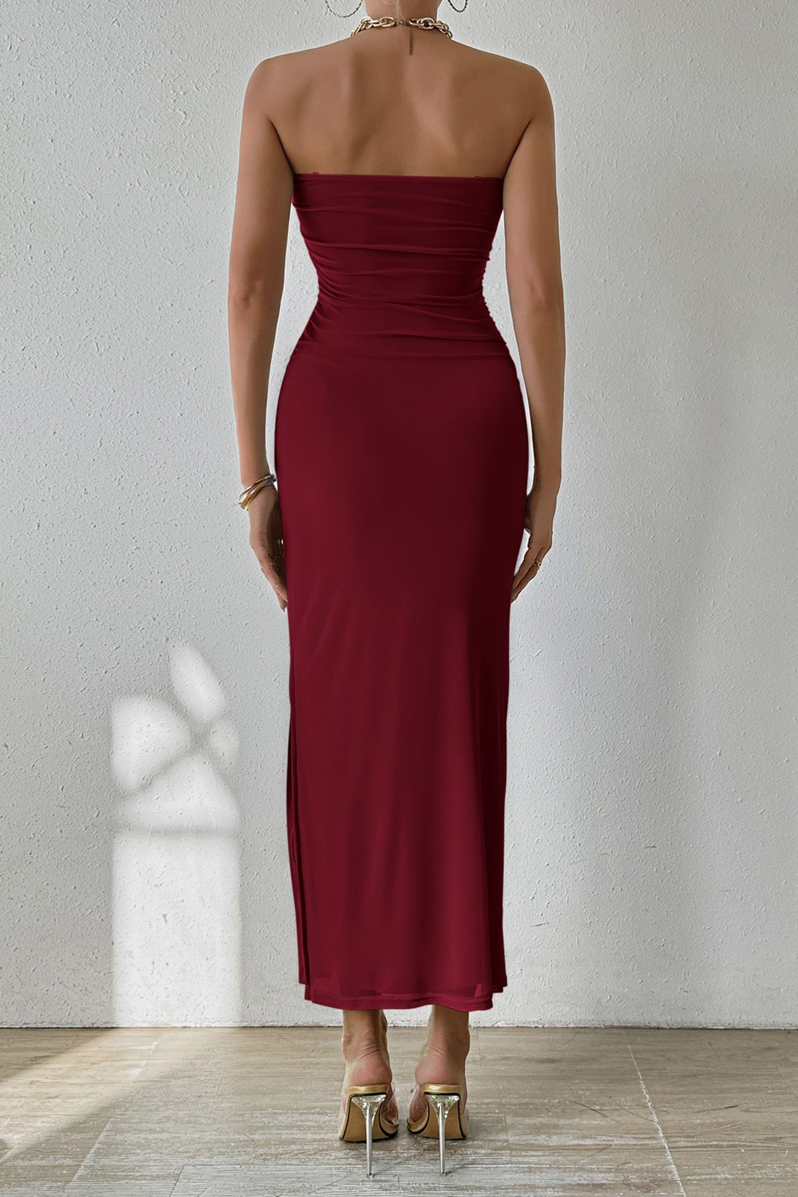 Women's Strapless Bodycon Maxi Tube Dress, Solid Wine Red,S
