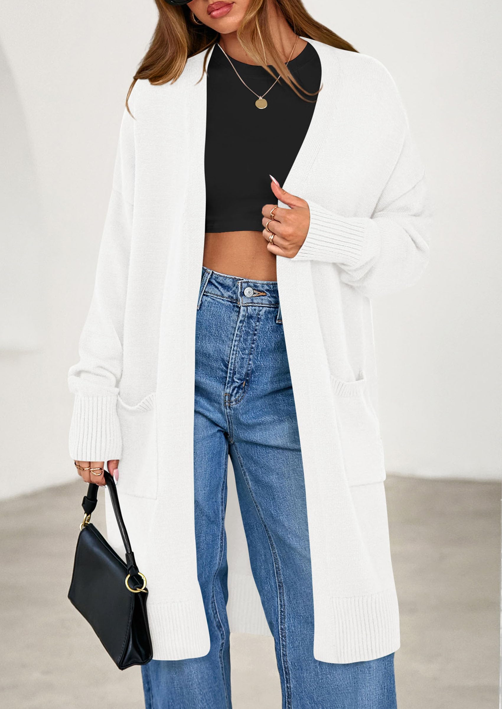 Women's Oversized Open Front Long Knit Cardigan,White,S