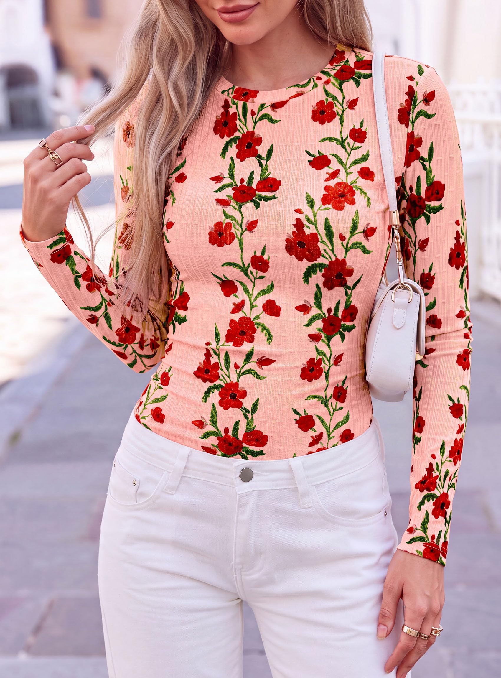 Womens Long Sleeve Shirts Floral Y2K Tops,Pink,XS