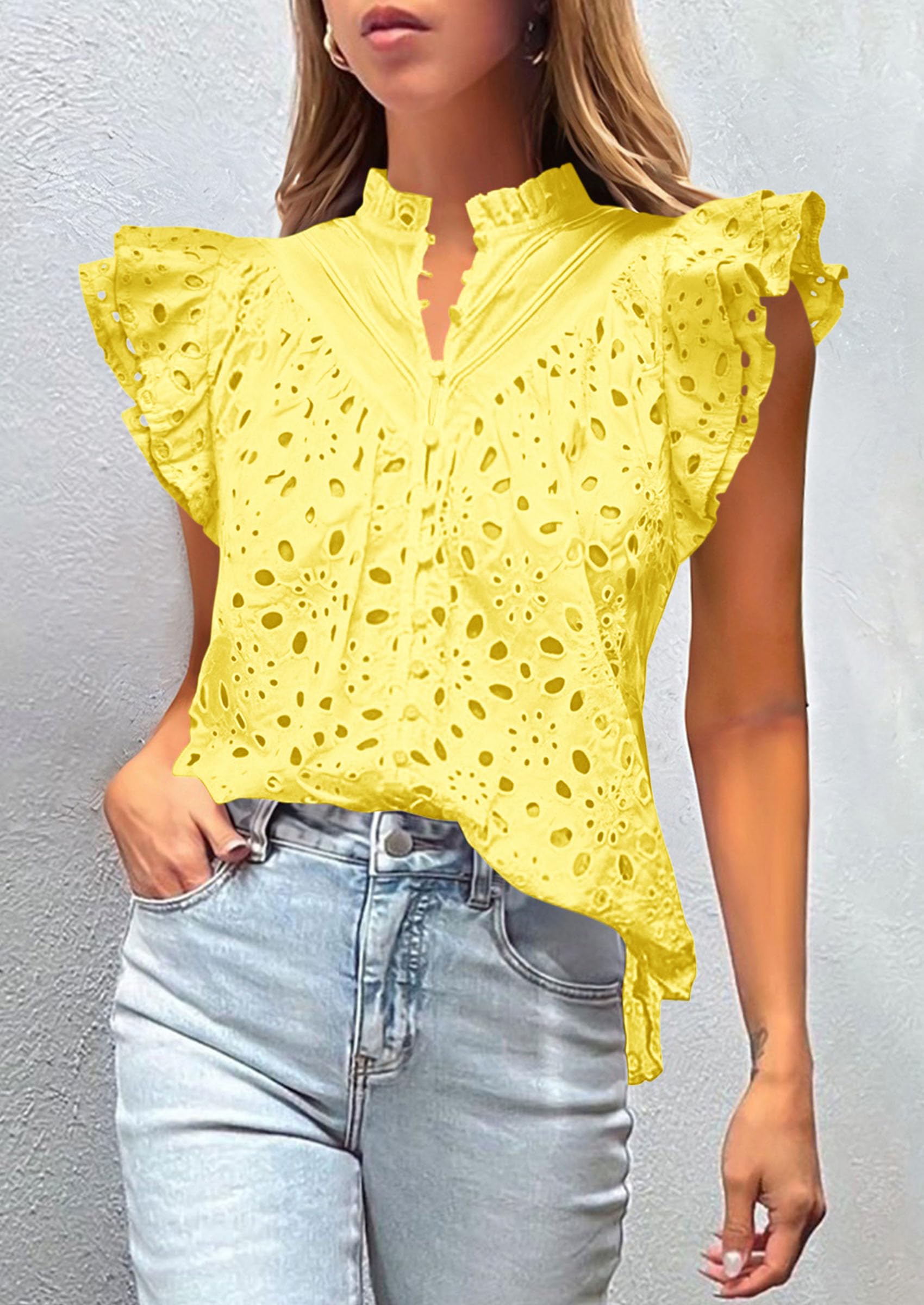 Women's Eyelet V Neck Summer Tops Dressy Casual Yellow,S