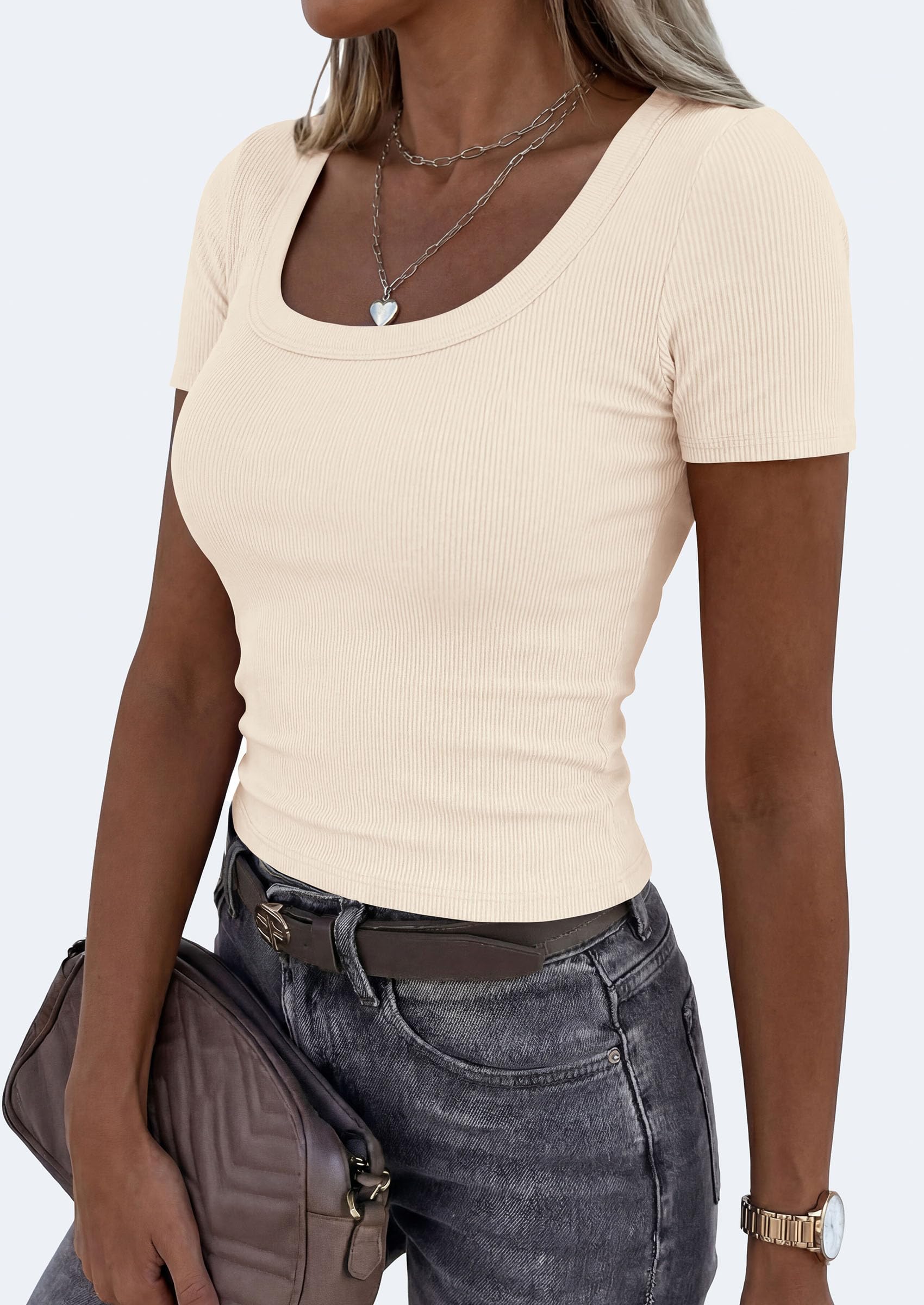 Womens Summer Short Sleeve Scoop Neck Tops,Beige,S