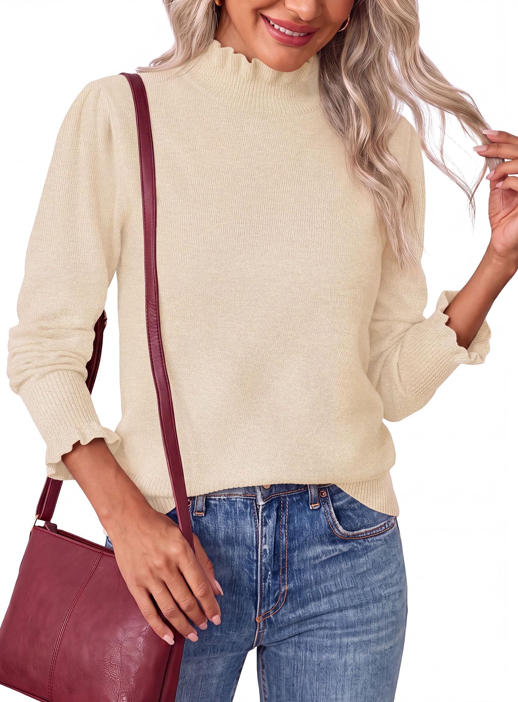 Women's Fall Cozy Sweaters Trendy Ruffle Mock Neck Pullover