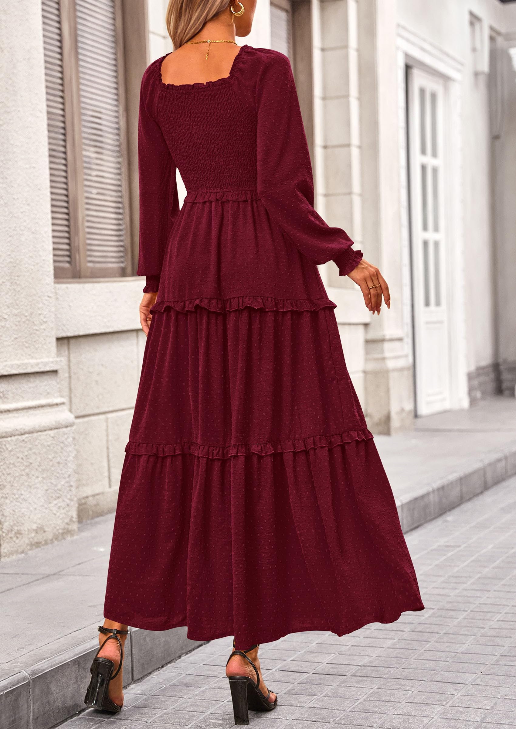 Women's Smocked Long Sleeve Maxi Dress Wedding Guest Dresses