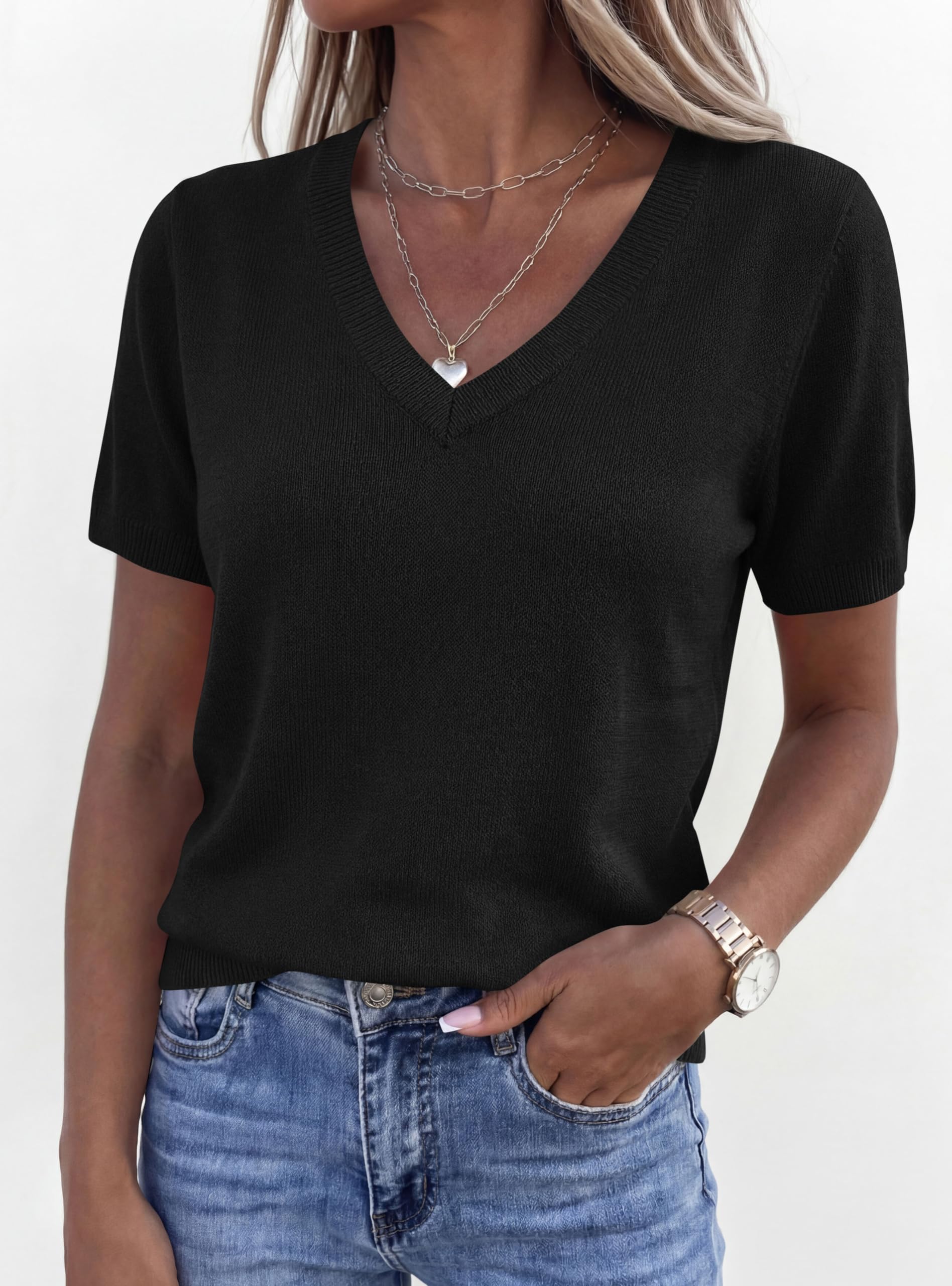 Womens Short Sleeve Sweater V Neck Tops,Black,S