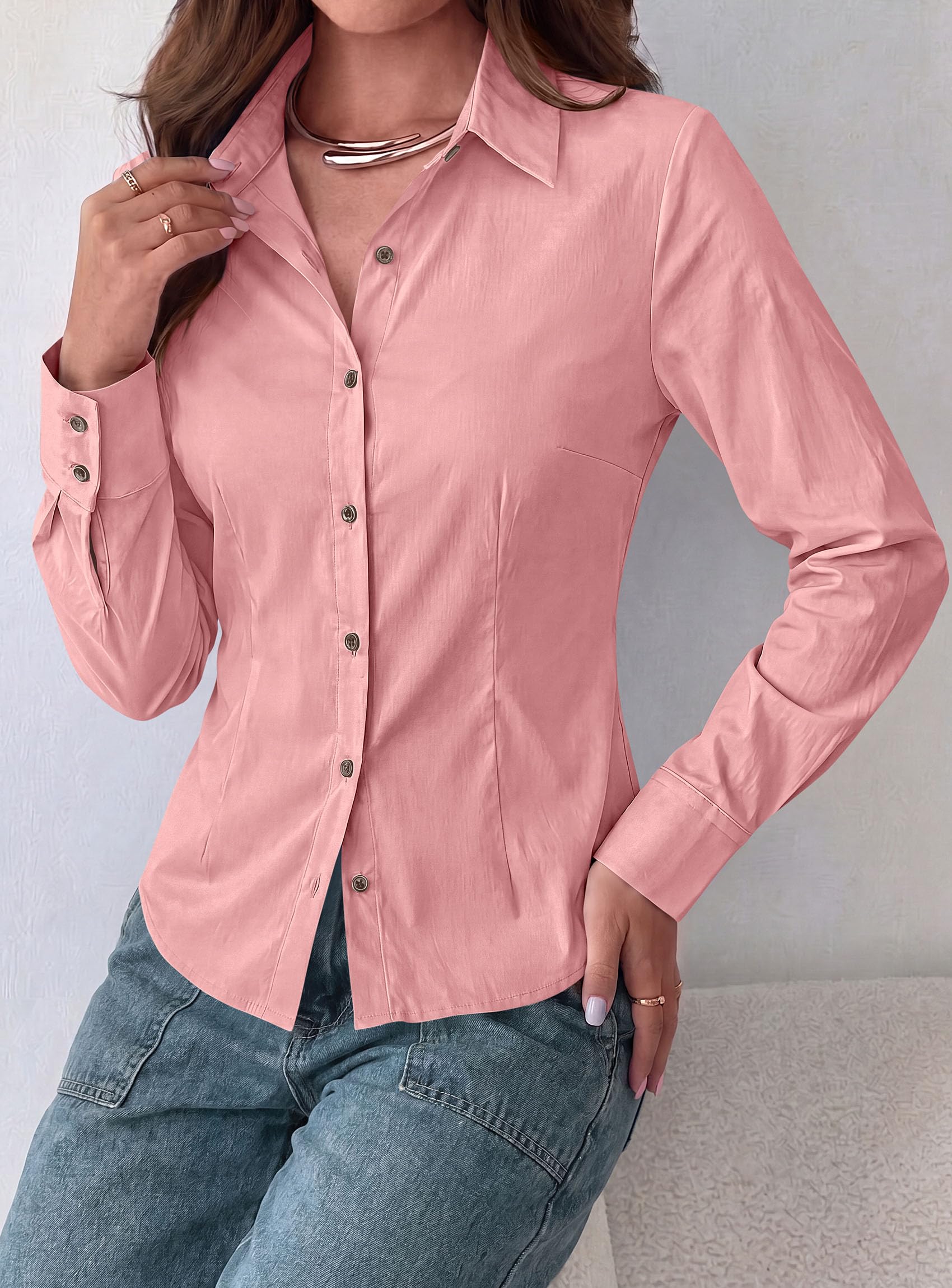 Womens Button Down Shirts Long Sleeve Blouse (Pink,S)