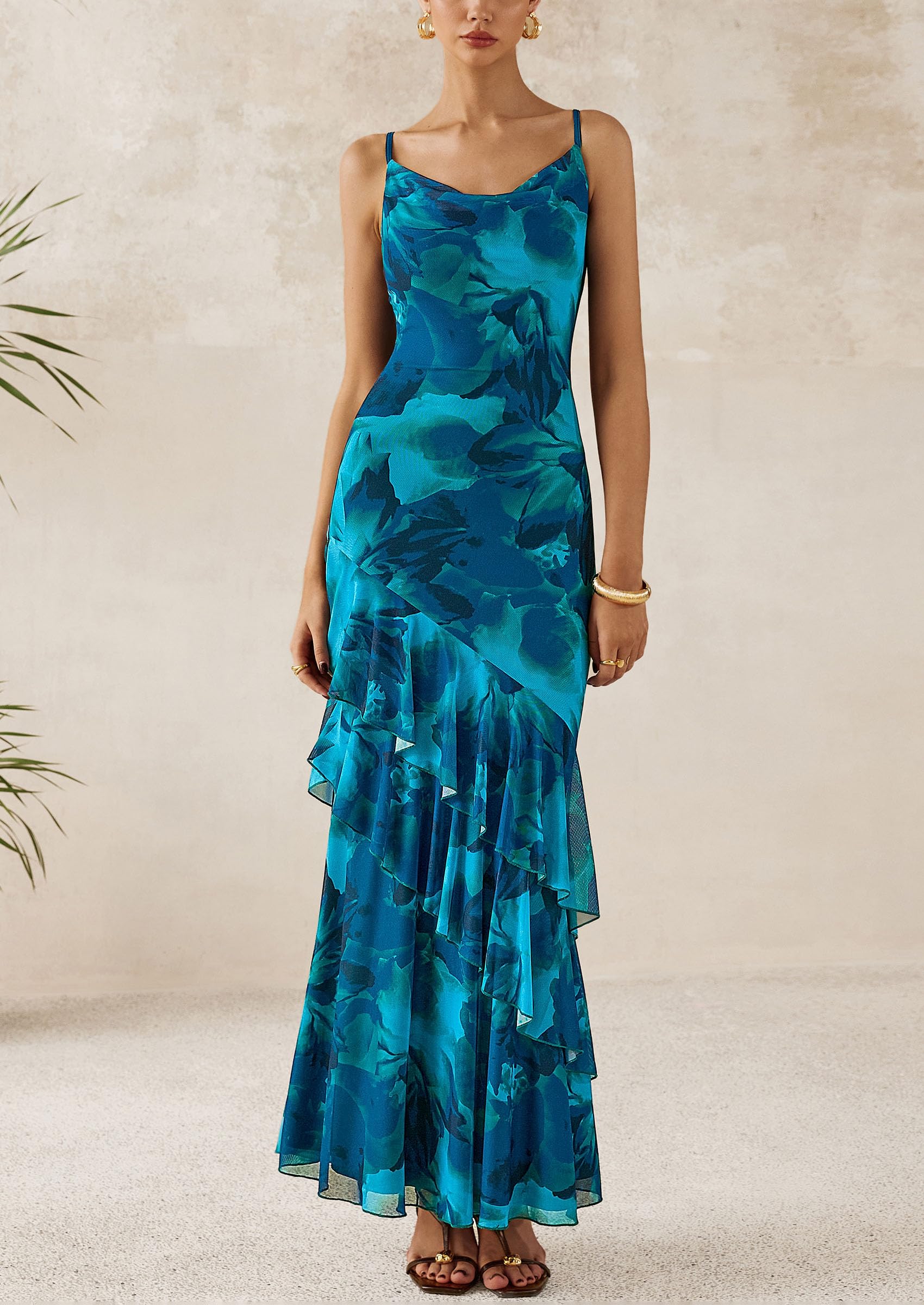 Women's Boho Floral Tiered Maxi Dress, Print Blue Green,XS