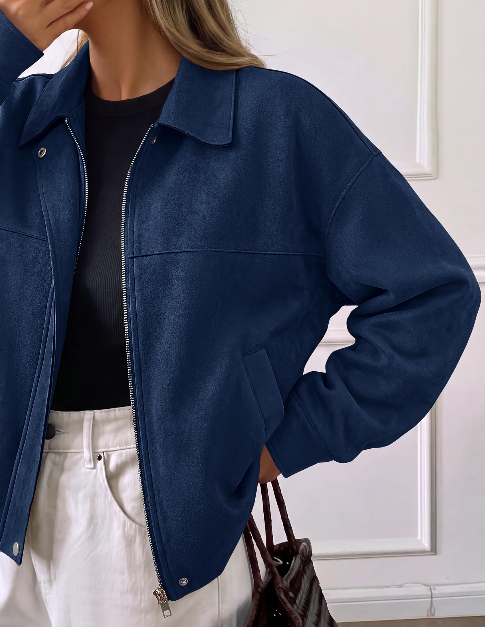 Women's Faux Suede Cropped Fall Jackets,Navy,S