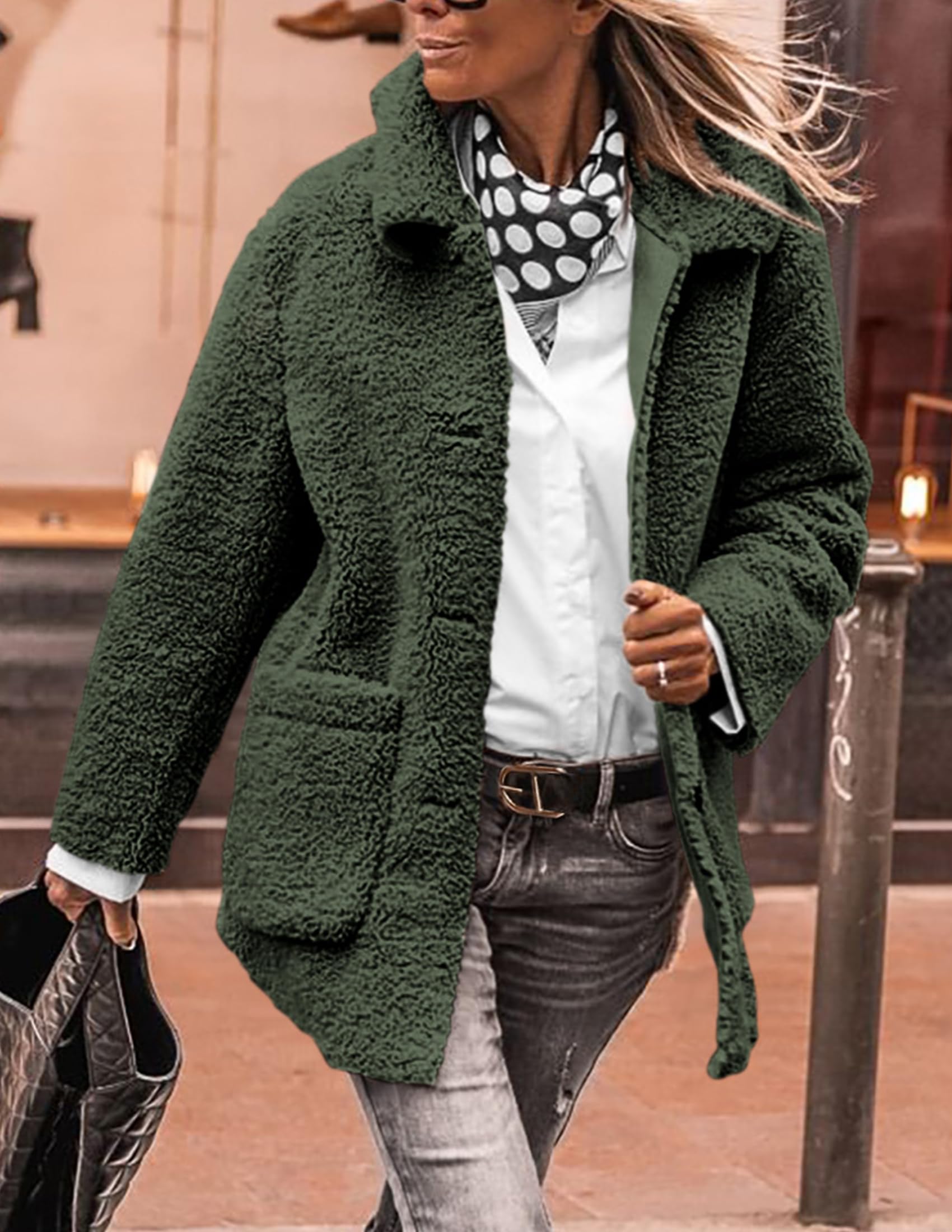 Women's Fleece Sherpa Coats Winter Outfits Dark Army Green,S