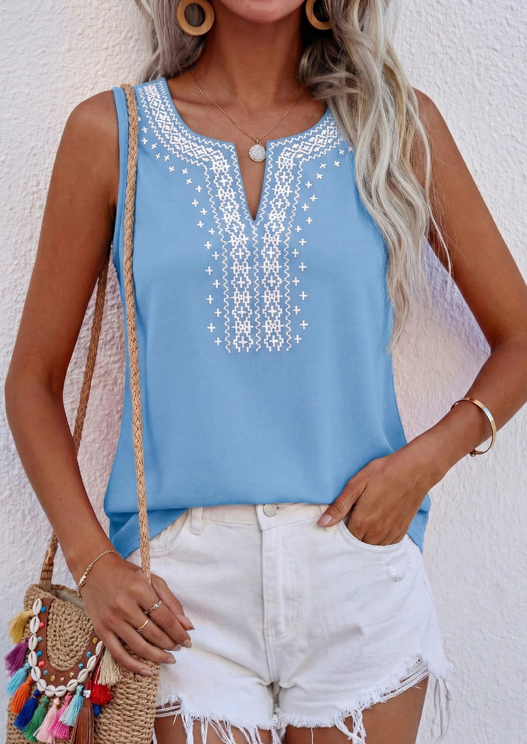 Womens Embroidered Sleeveless Tank Tops Light Blue,S