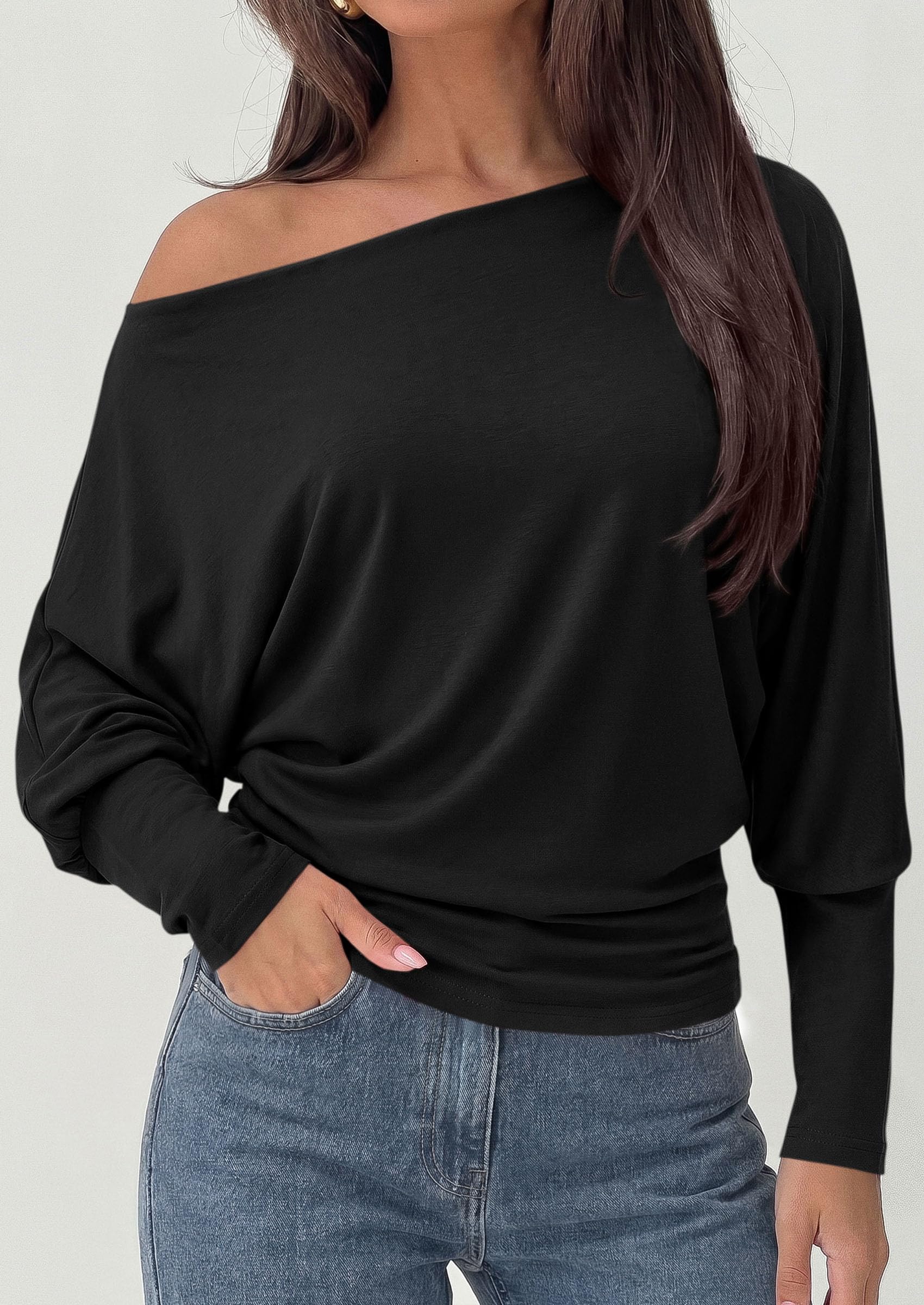 Womens Off The Shoulder Batwing Long Sleeve Top,Black,S