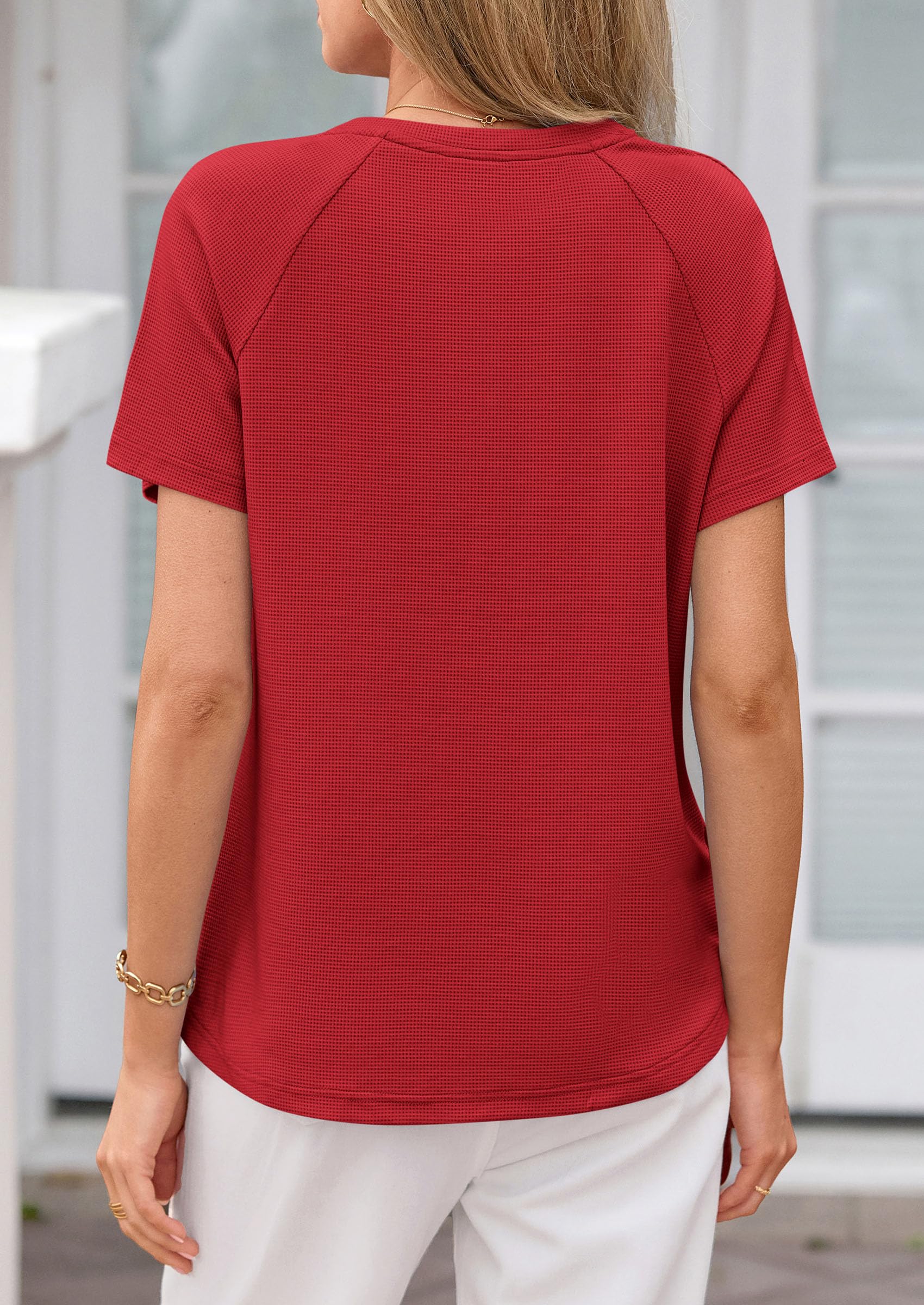 Women's Short Sleeve Waffle Knit Henley Shirts, Red,S