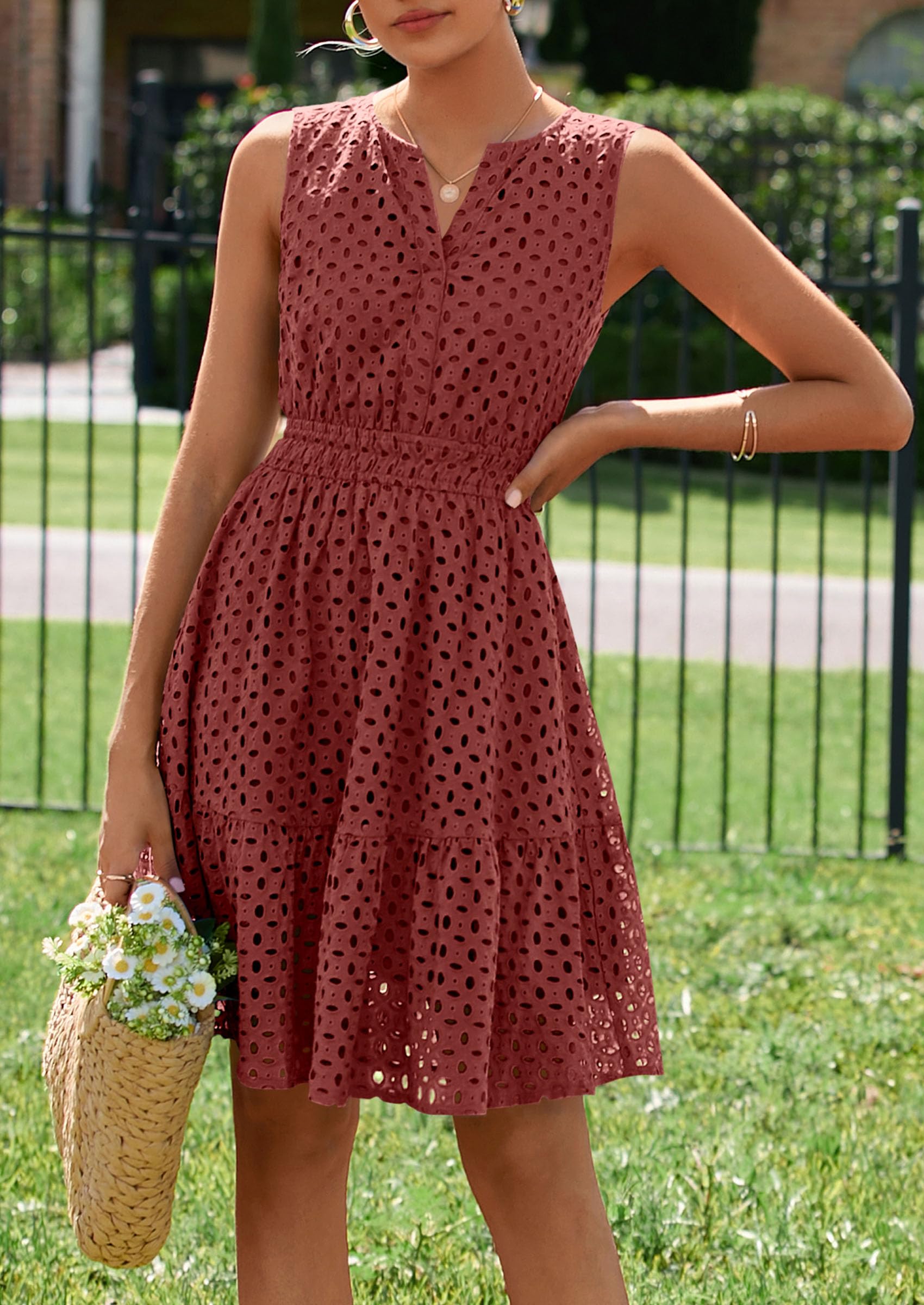 Women's Summer Eyelet A Line Short Dresses,Brown,S