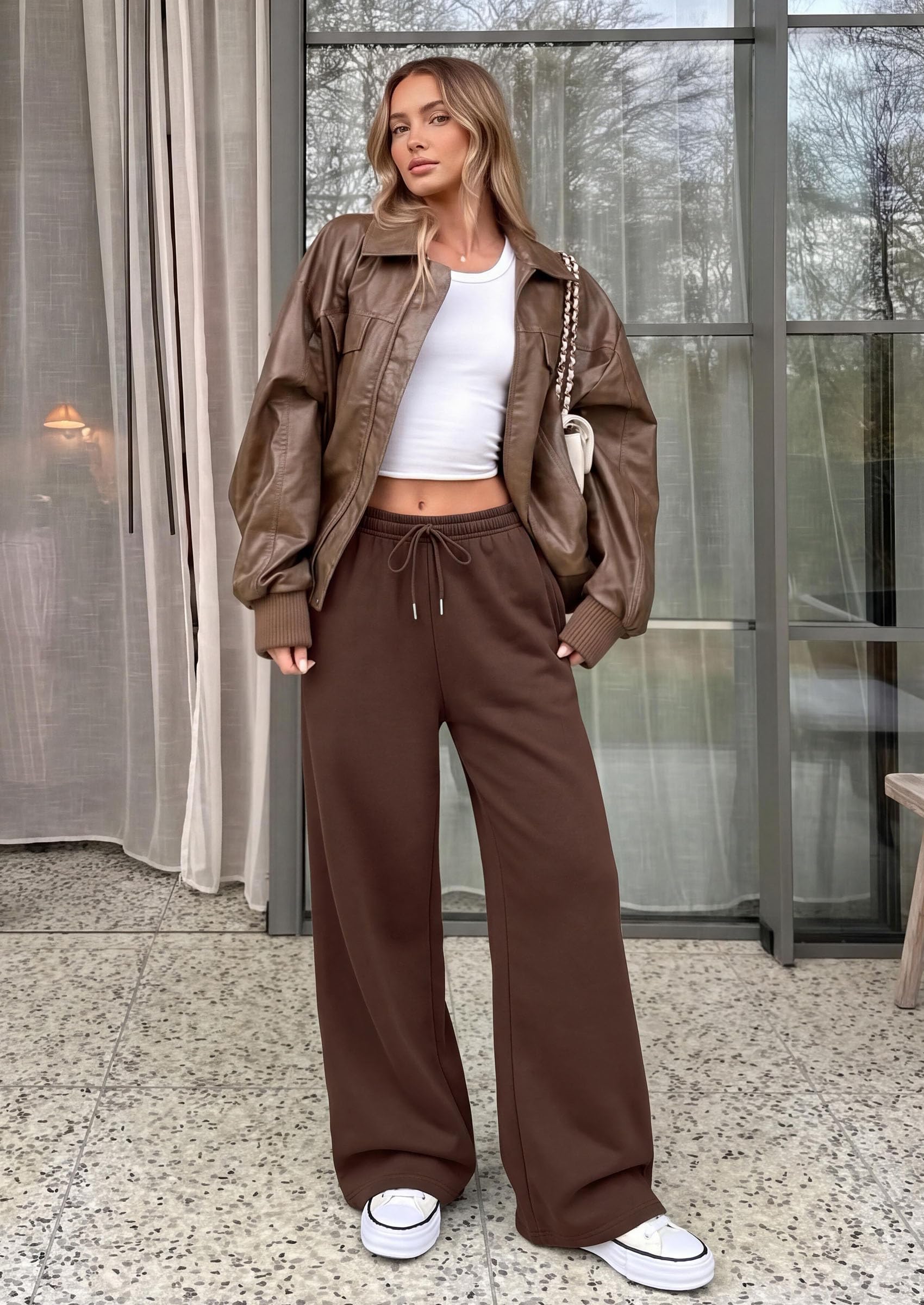 Womens Wide Leg Sweatpants Fleece Fall Sweat Pants,Brown