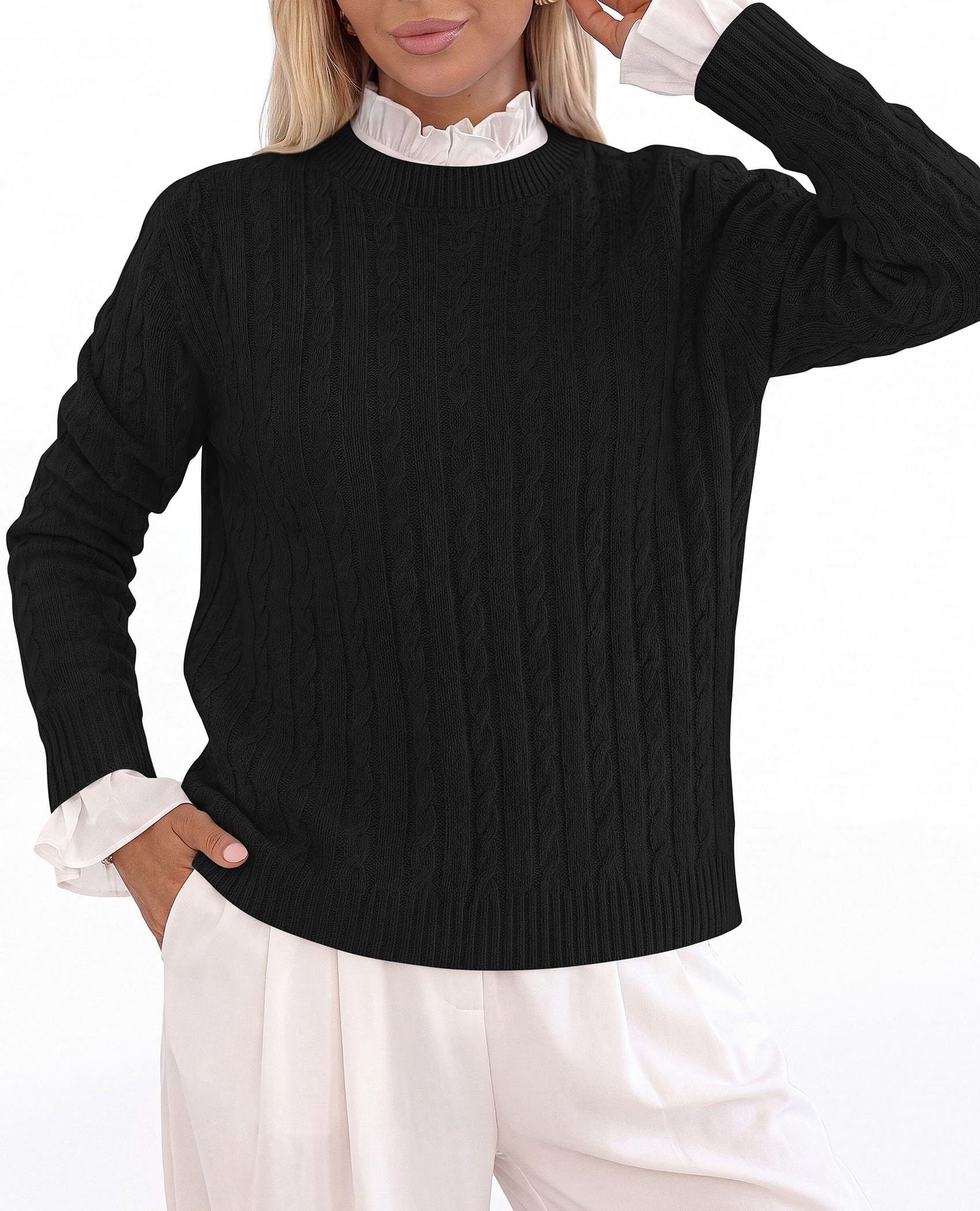 Womens Cable Knit Crewneck Fall Sweater Long Sleeve Tops 2026