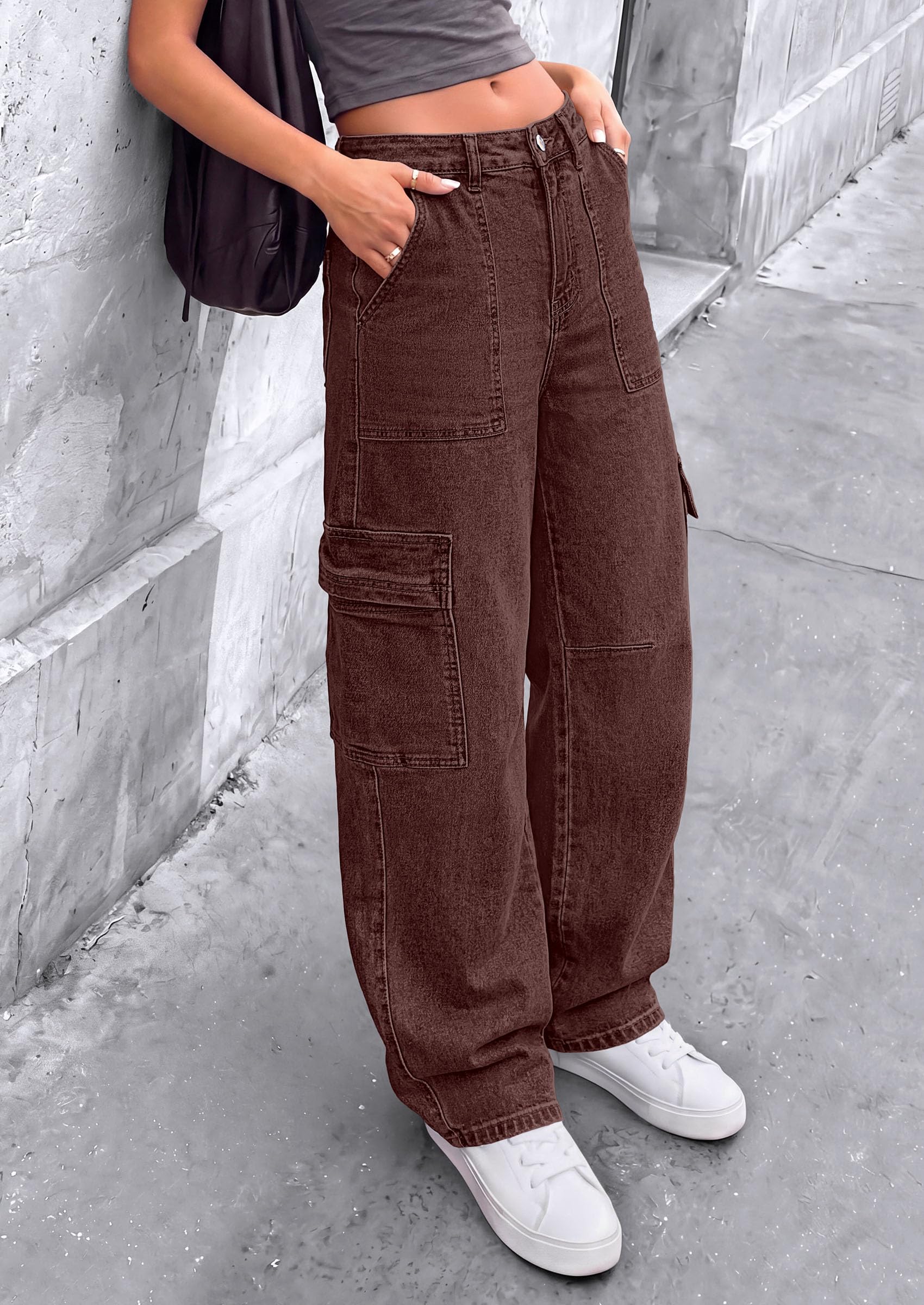 Barrel Pants Women Wide Leg Baggy Denim Jeans Brown,4