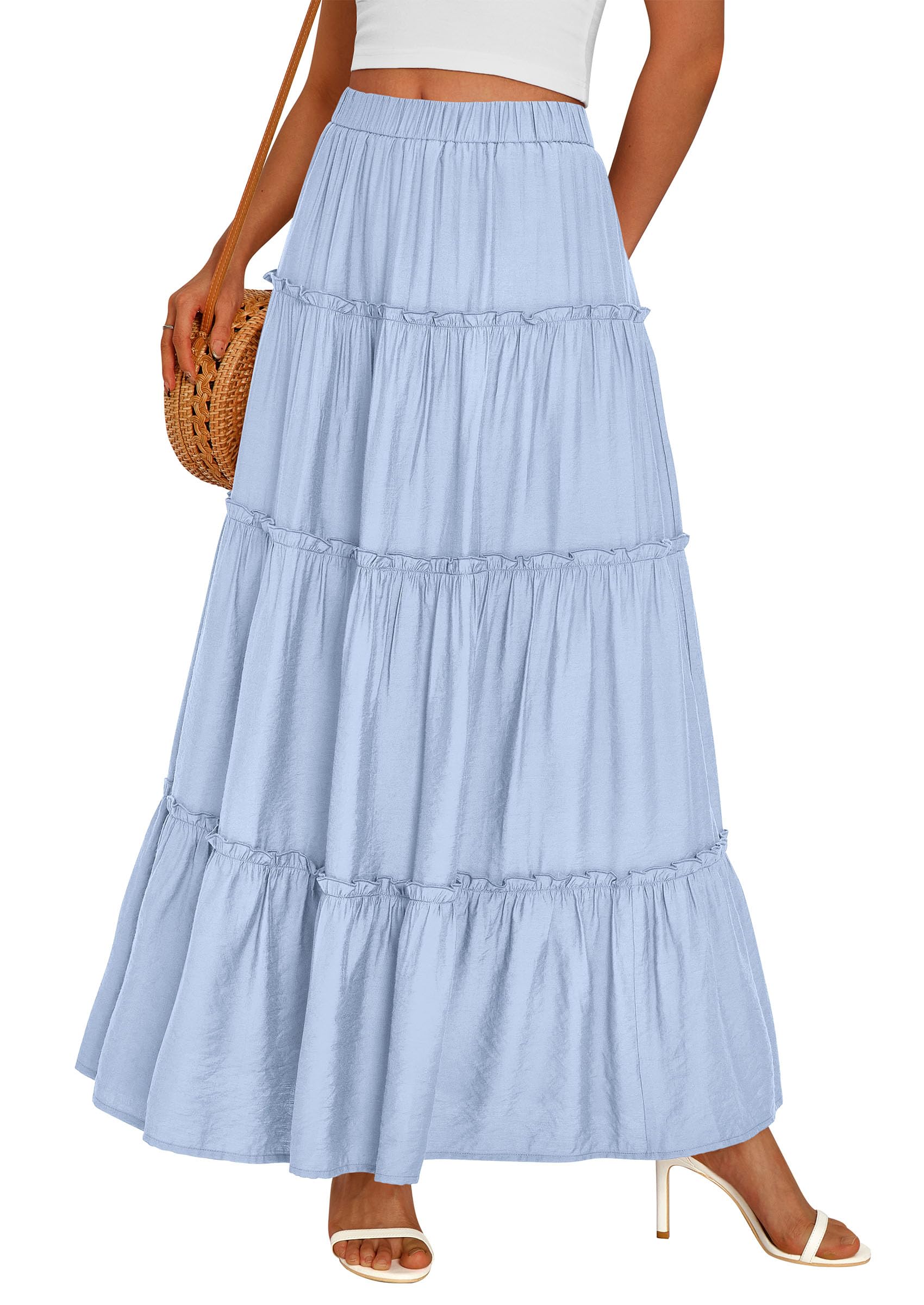 Women's Boho Tiered Ruffle Flowy Maxi Skirt, Sky Blue,S