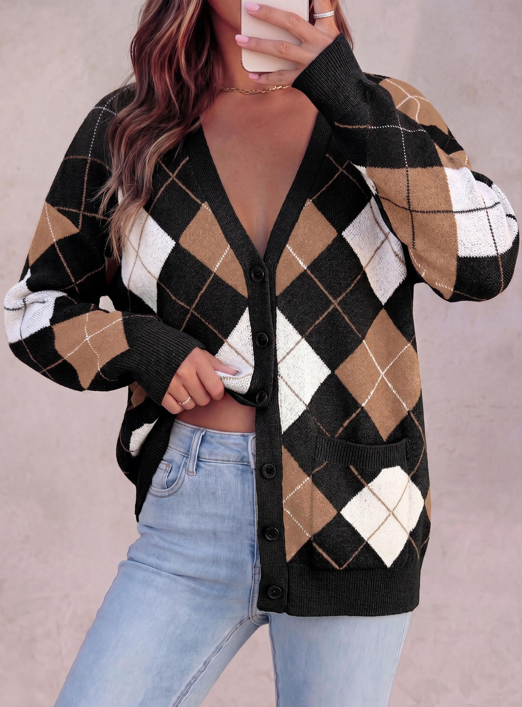 Women's Cardigan Argyle Winter Sweaters (Plaid Black,S)