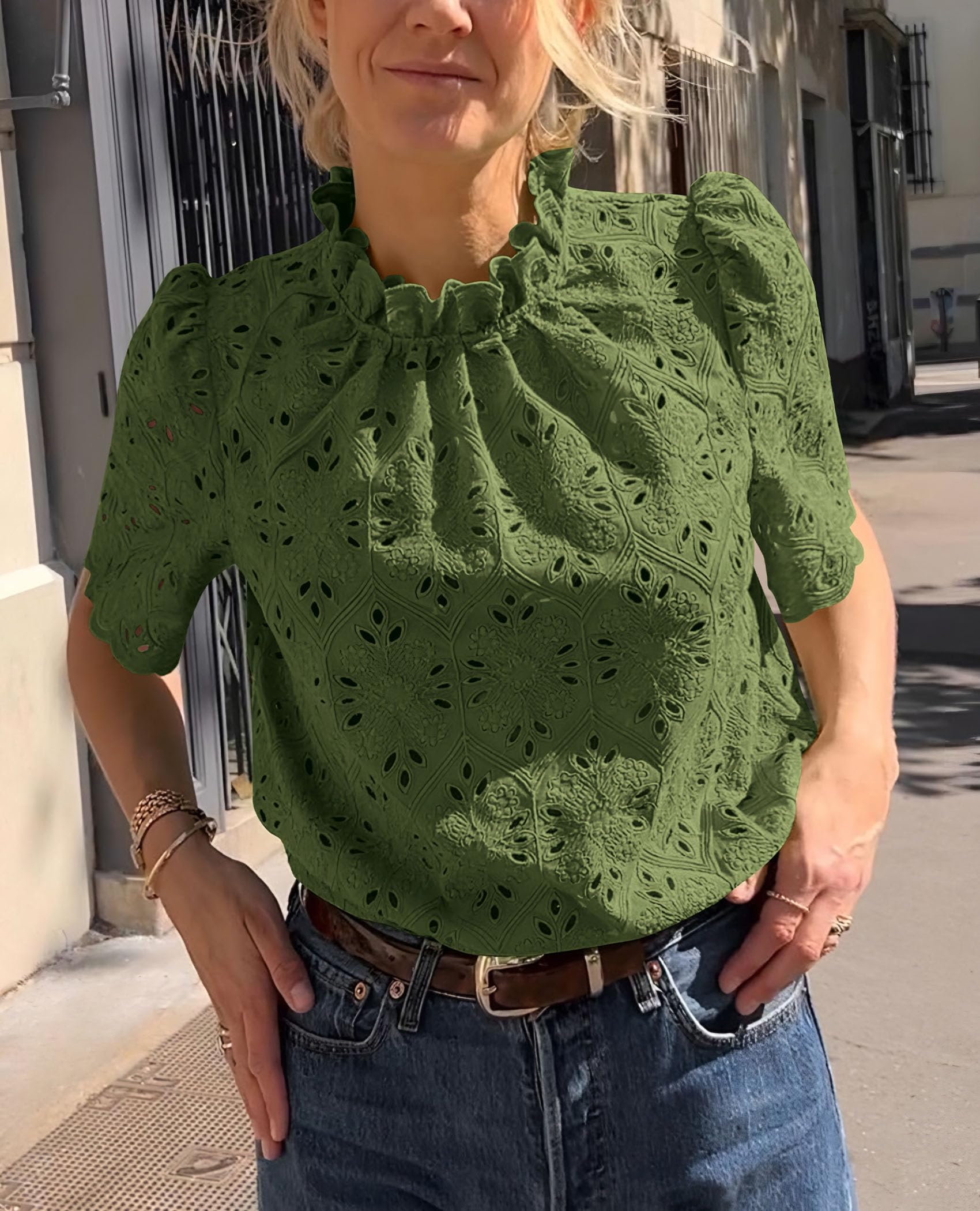 Women Summer Tops Eyelet Embroidered Shirts,Army Green,XS