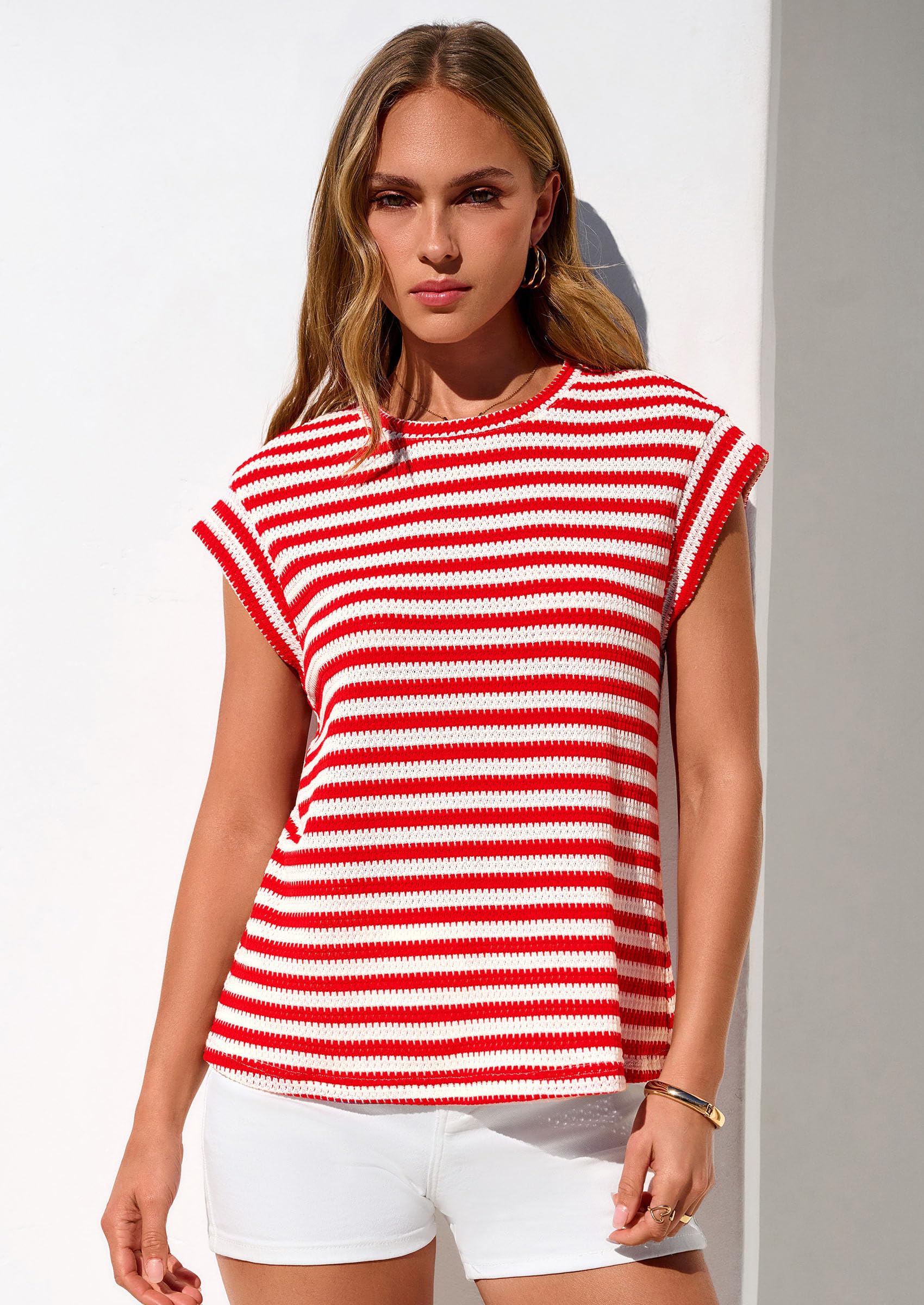 Women's Striped Knit Vest Tops, Striped Red White,S