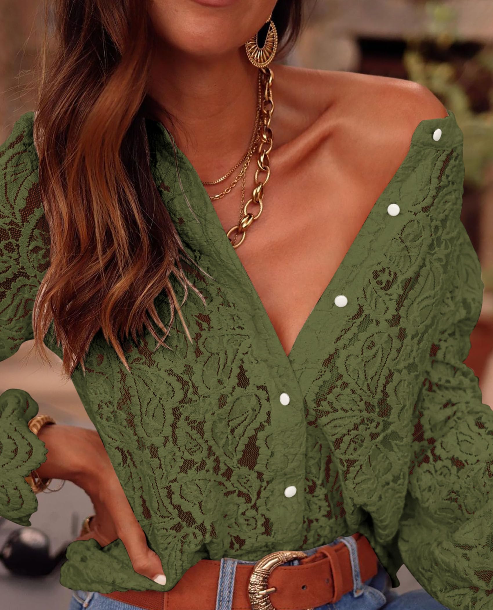 Women's Fall Trendy Long Sleeve Lace Tops(Army Green,Small)