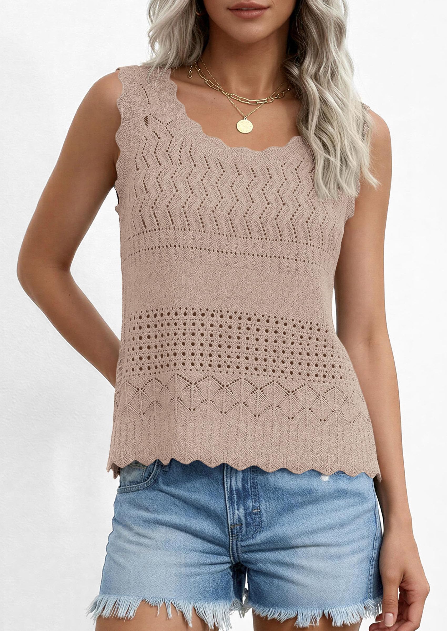 Womens Crochet Tank Tops Knit Sleeveless Vest,Khaki,S