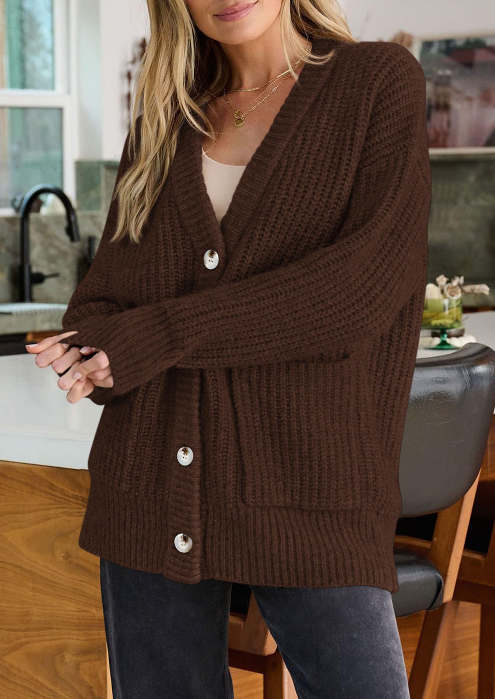 Oversized Cardigan Sweaters for Women Button Up,Brown,S