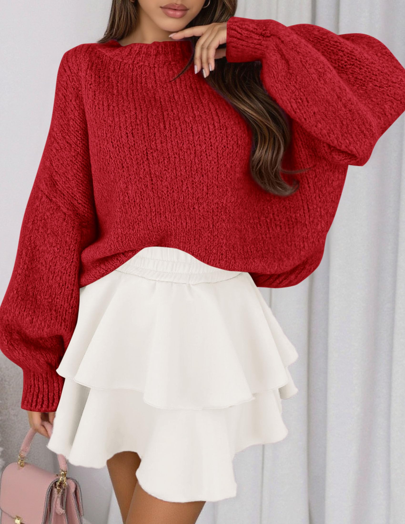 Women's Chunky Knit Oversized Pullover Sweaters,Red,S