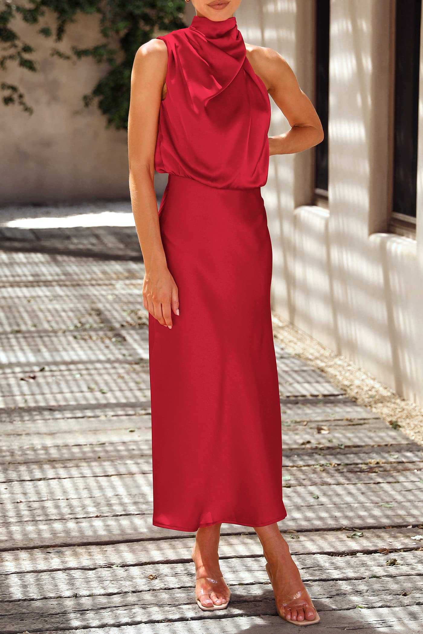Women's Summer Satin Maxi Cocktail Dress Red