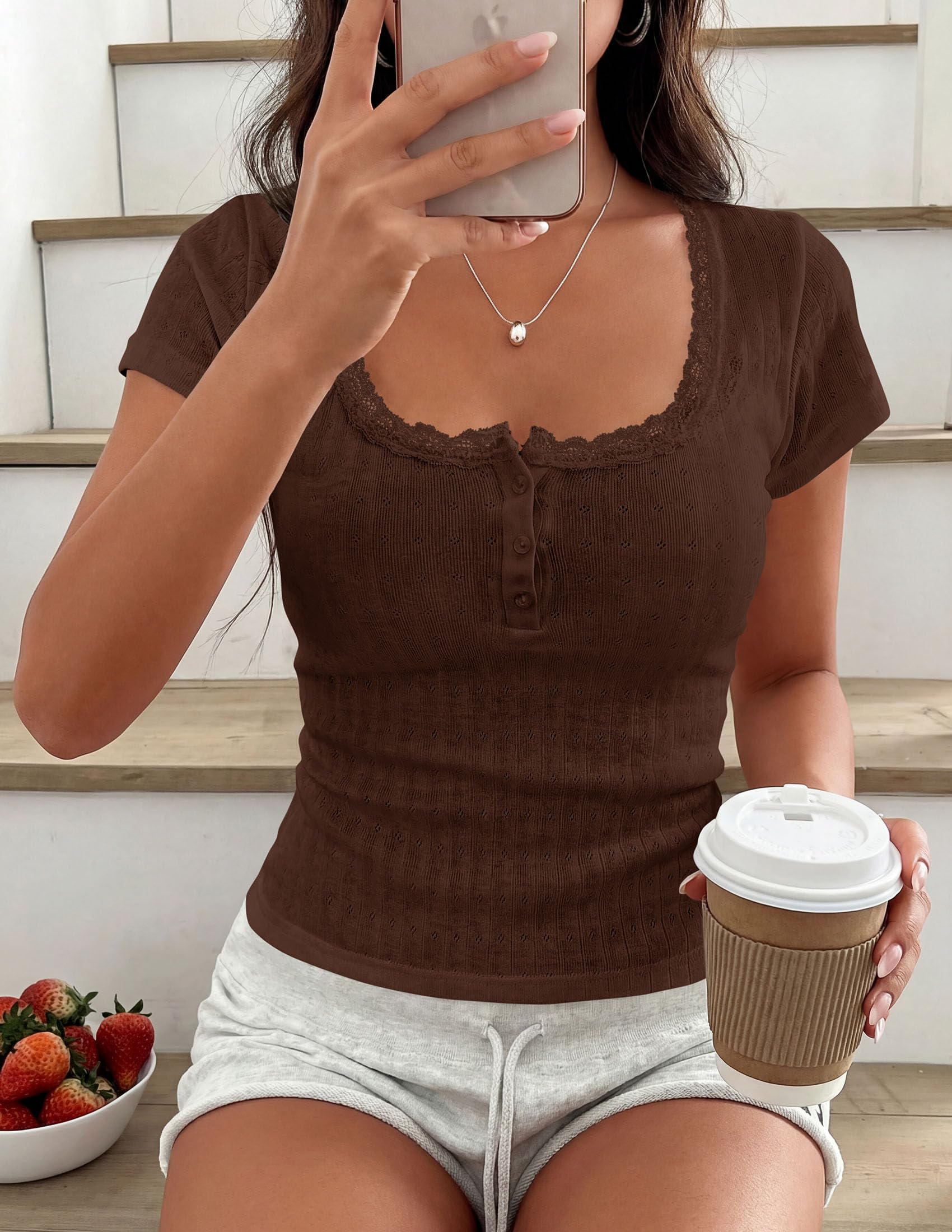 Womens Summer Lace Trim Short Sleeve Henley Top,Brown,S