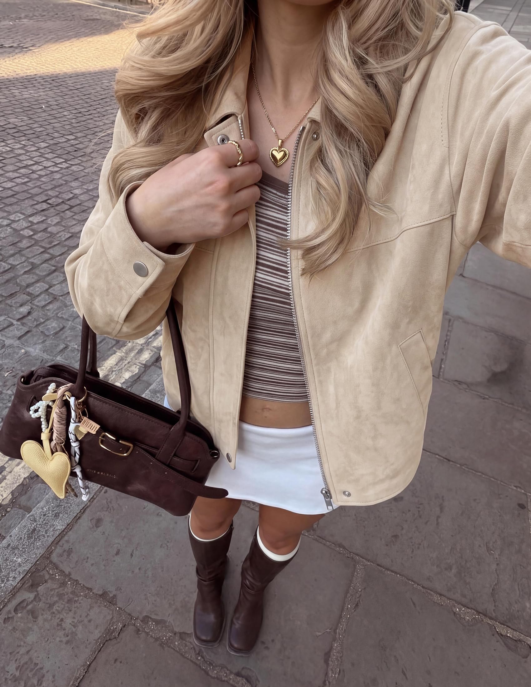 Women's Faux Suede Cropped Fall Jackets,Beige,S