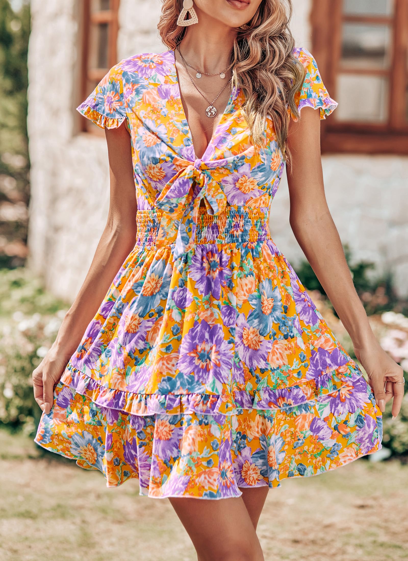 Women's Boho Floral Mini Tiered Bow Dress, Floral Orange,M