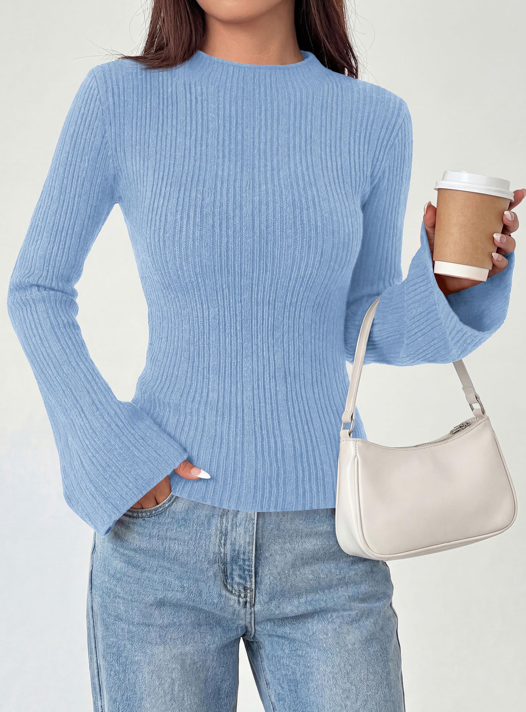 Womens Bell Long Sleeve Tops Mock Neck Sweaters,Light Blue,S
